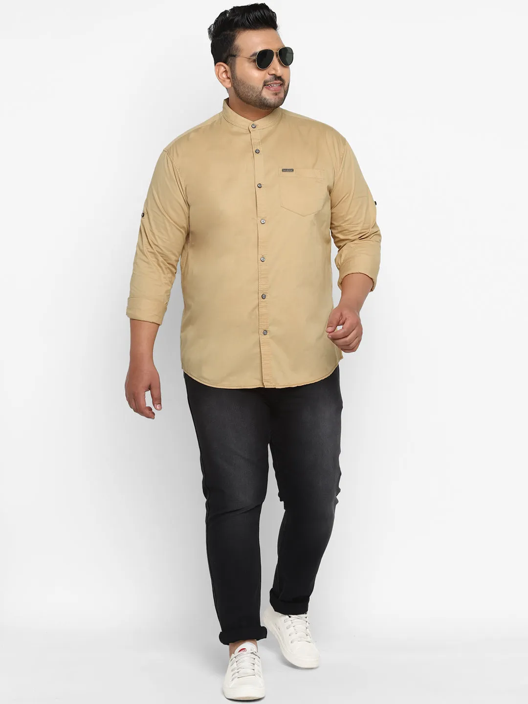 Plus Men Khaki Solid Cotton Casual Shirt