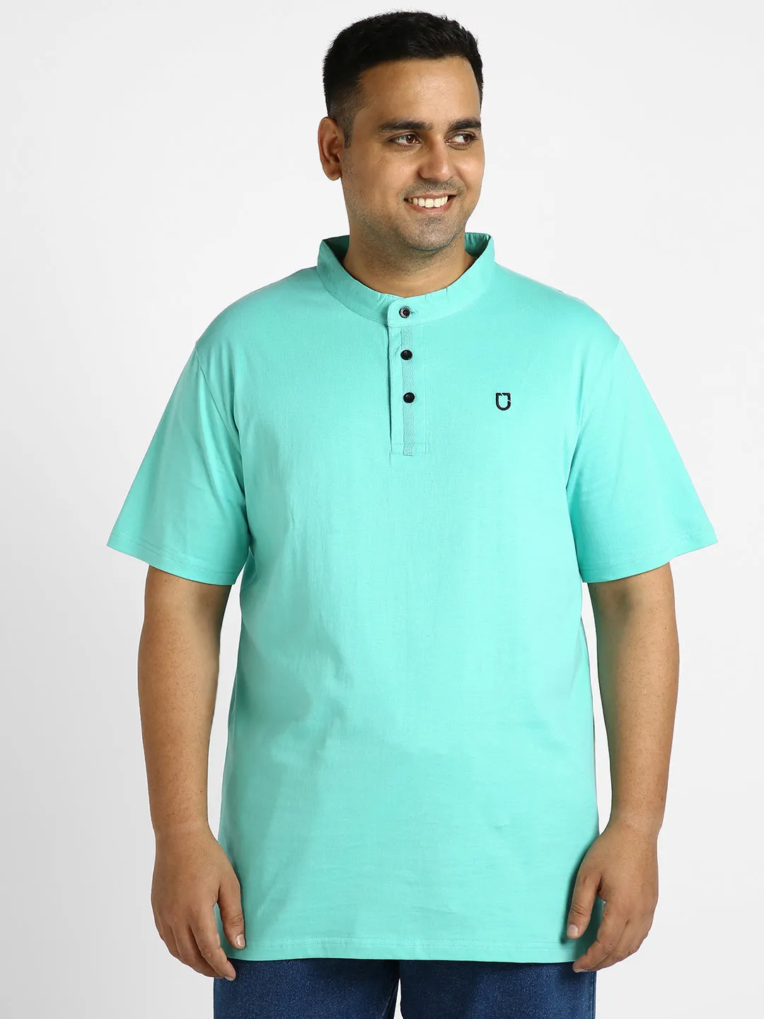 Plus Men's Aqua Green Solid Mandarin Collar Regular Fit Half Sleeve Cotton T-Shirt