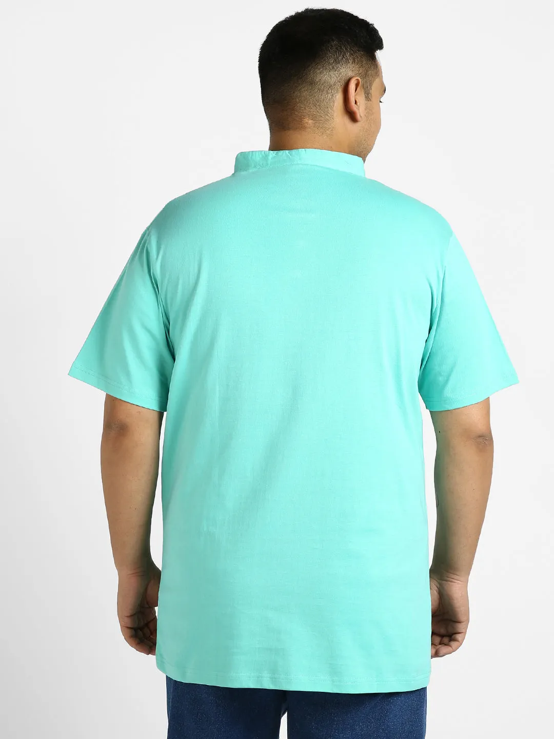 Plus Men's Aqua Green Solid Mandarin Collar Regular Fit Half Sleeve Cotton T-Shirt