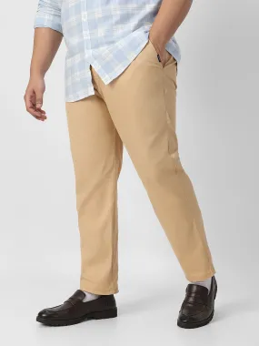 Plus Men's Beige Cotton Regular Fit Casual Chinos Trousers Stretch