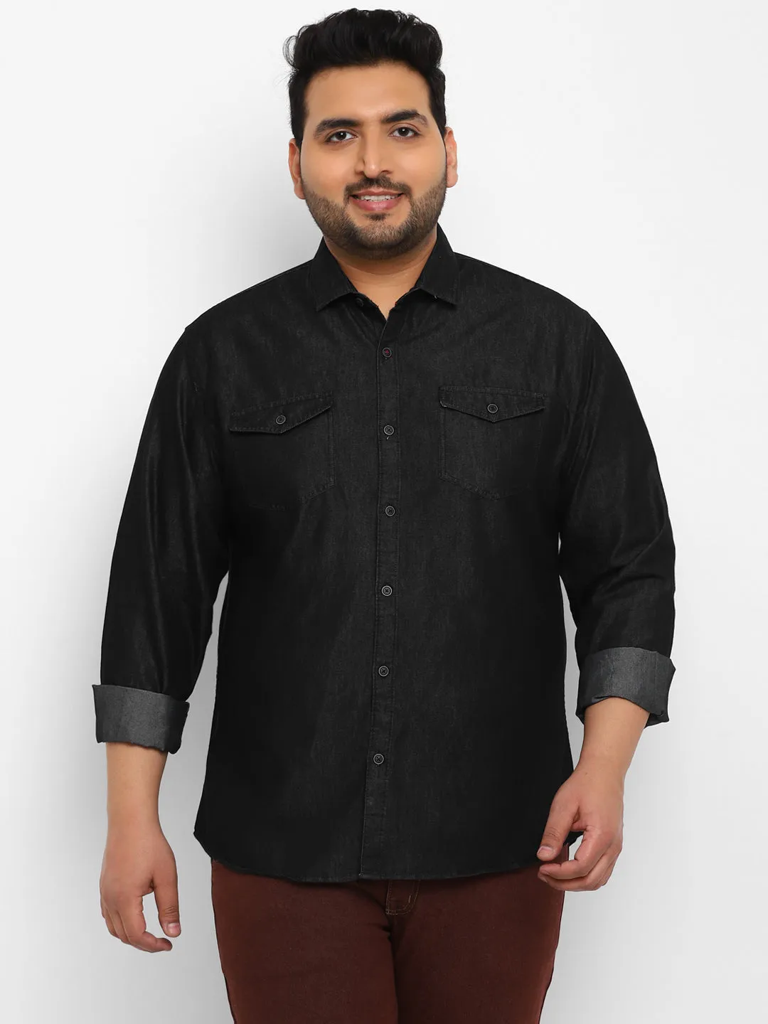 Plus Men's Black Full Sleeve Regular Fit Casual Denim Shirt