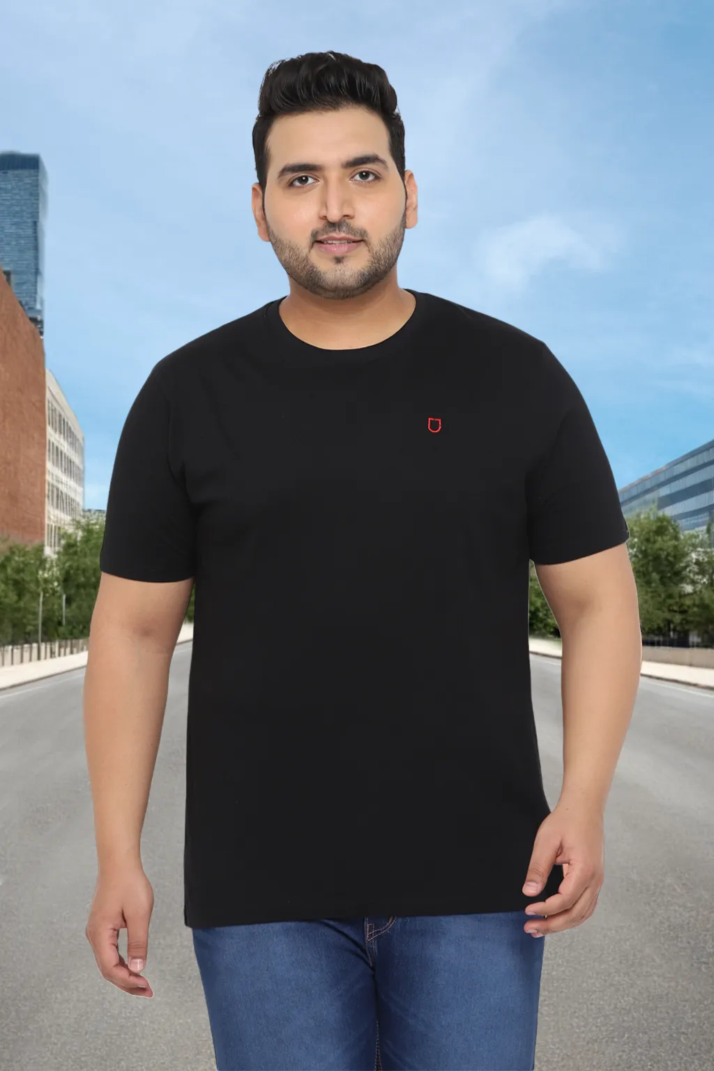 Plus Men's Black Solid Regular Fit Round Neck Cotton T-Shirt