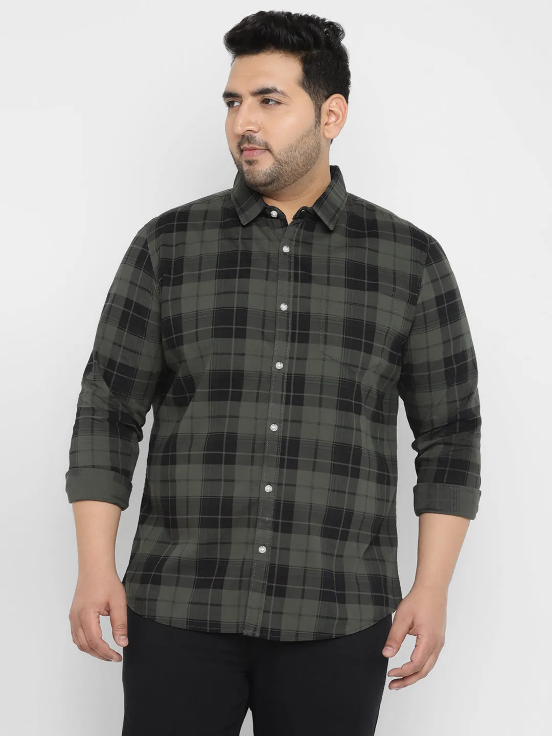 Plus Men's Green Cotton Full Sleeve Regular Fit Casual Checkered Shirt