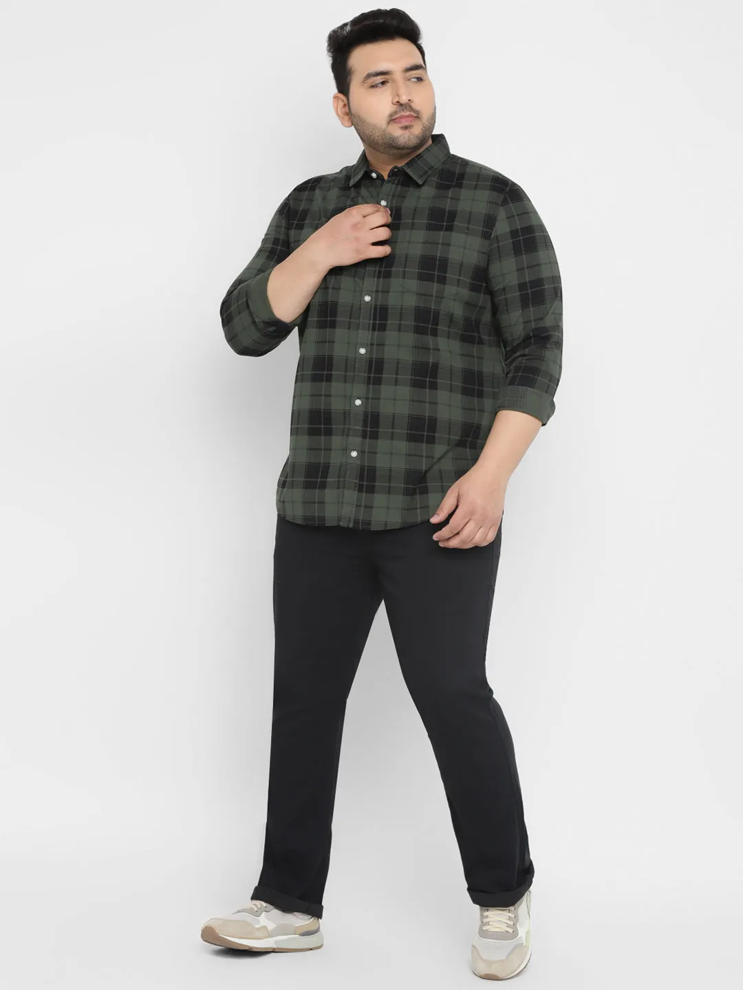 Plus Men's Green Cotton Full Sleeve Regular Fit Casual Checkered Shirt