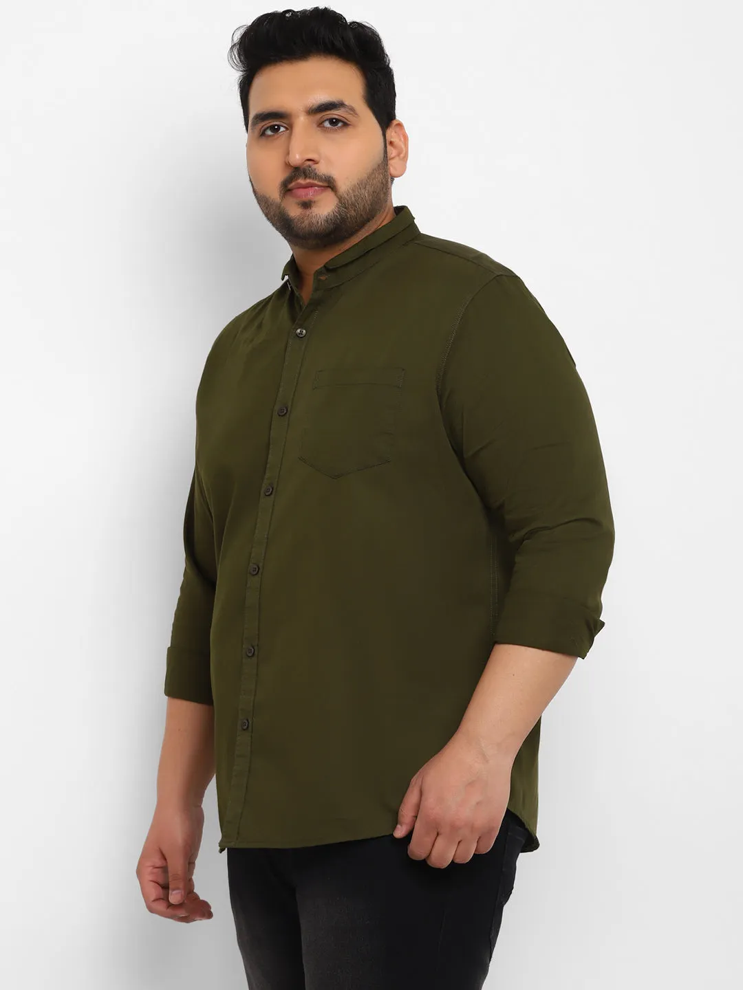 Plus Men's Green Cotton Full Sleeve Regular Fit Casual Solid Shirt with Mandarin Collar