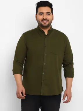 Plus Men's Green Cotton Full Sleeve Regular Fit Casual Solid Shirt with Mandarin Collar