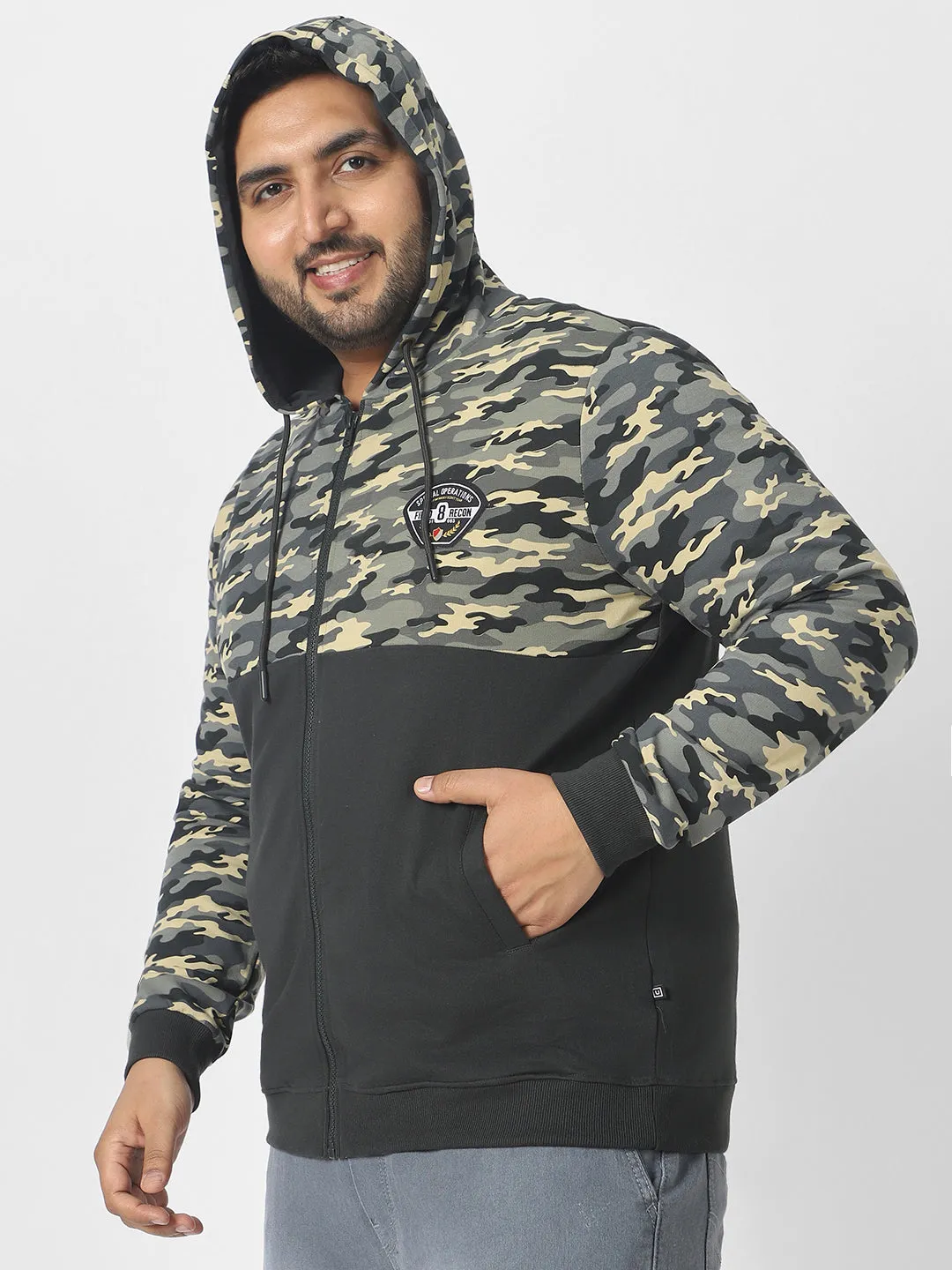 Plus Men's Grey Cotton Camouflage Printed Hooded Neck Sweatshirt