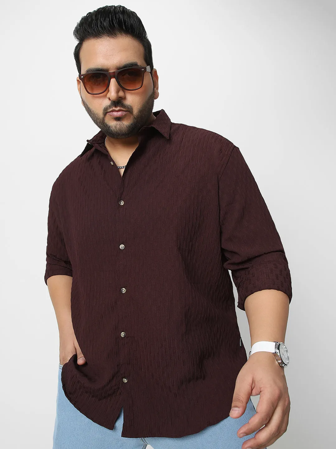 Plus Men's Maroon Cotton Full Sleeve Regular Fit Textured Shirt with Spread Collar