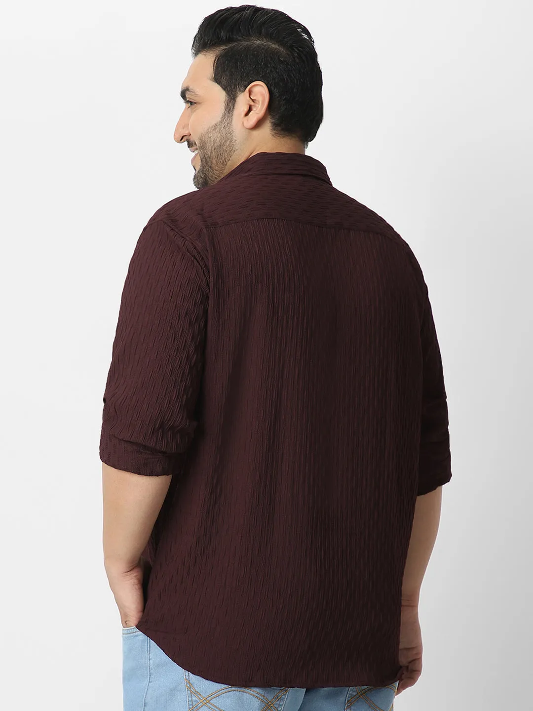 Plus Men's Maroon Cotton Full Sleeve Regular Fit Textured Shirt with Spread Collar