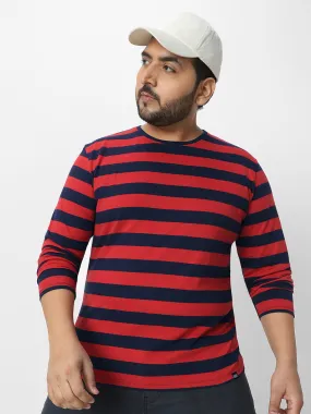 Plus Men's Red, Navy Blue Striped Regular Fit Full Sleeve Cotton T-Shirt