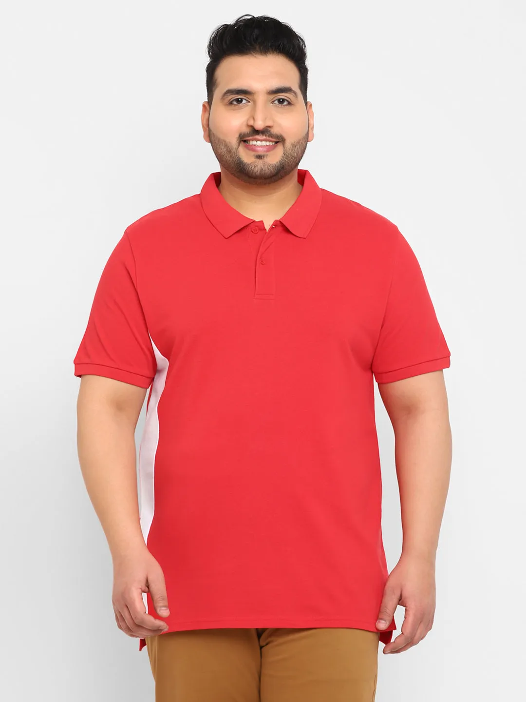 Plus Men's Red, White Colour-Block Regular Fit Half Sleeve Cotton Polo T-Shirt