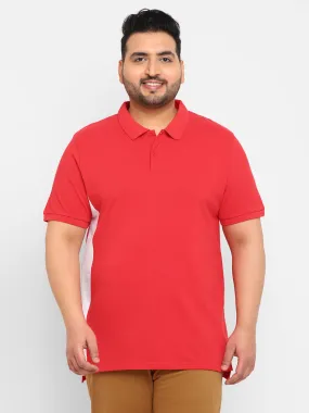 Plus Men's Red, White Colour-Block Regular Fit Half Sleeve Cotton Polo T-Shirt