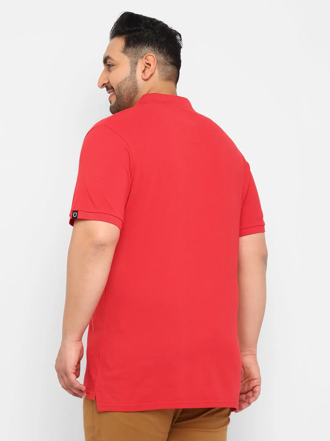 Plus Men's Red, White Colour-Block Regular Fit Half Sleeve Cotton Polo T-Shirt