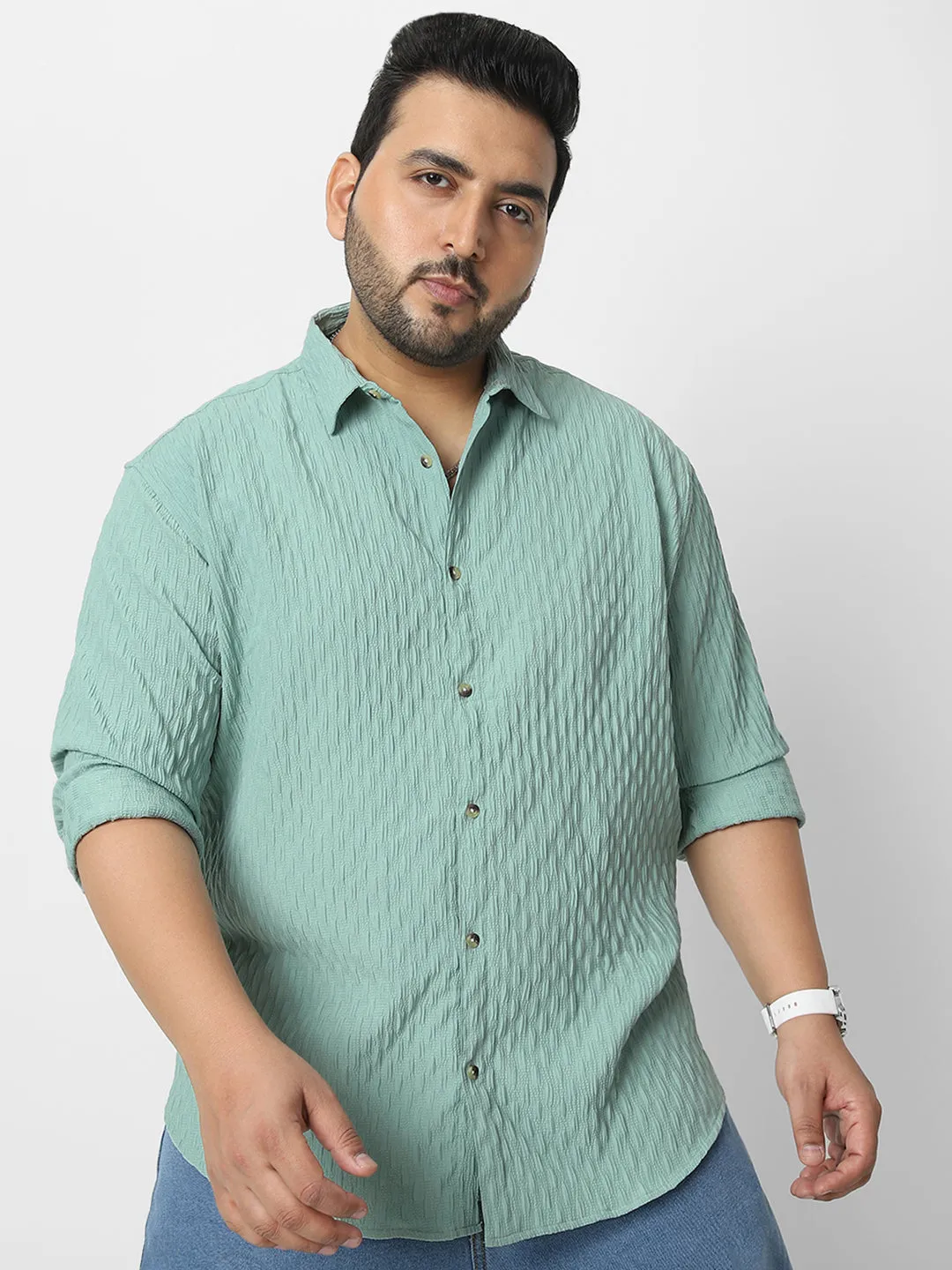 Plus Men's Sea Green Cotton Full Sleeve Regular Fit Textured Shirt with Spread Collar