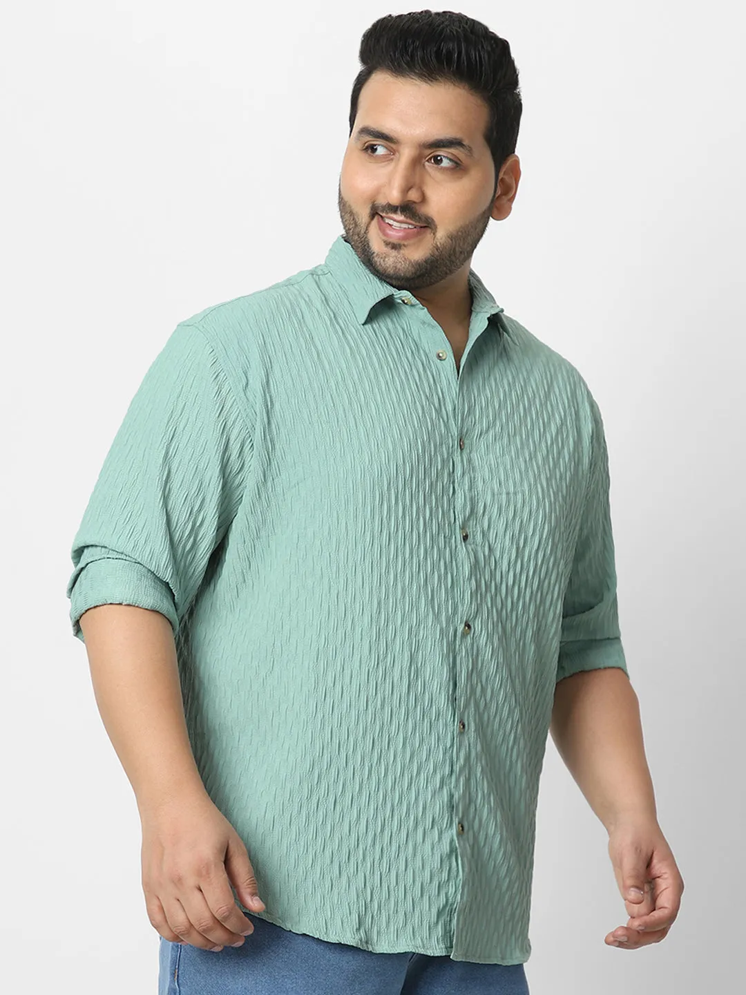 Plus Men's Sea Green Cotton Full Sleeve Regular Fit Textured Shirt with Spread Collar