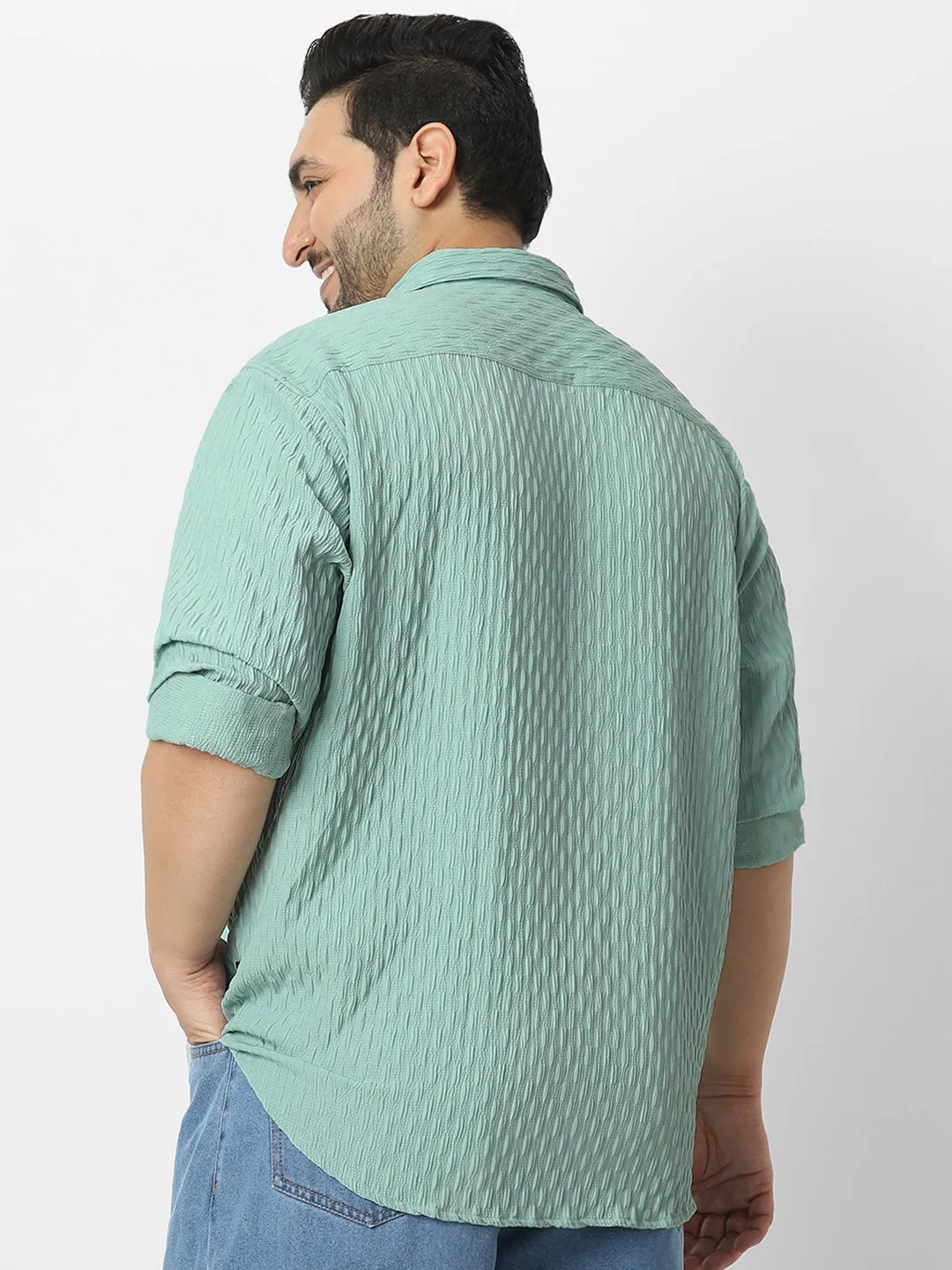 Plus Men's Sea Green Cotton Full Sleeve Regular Fit Textured Shirt with Spread Collar