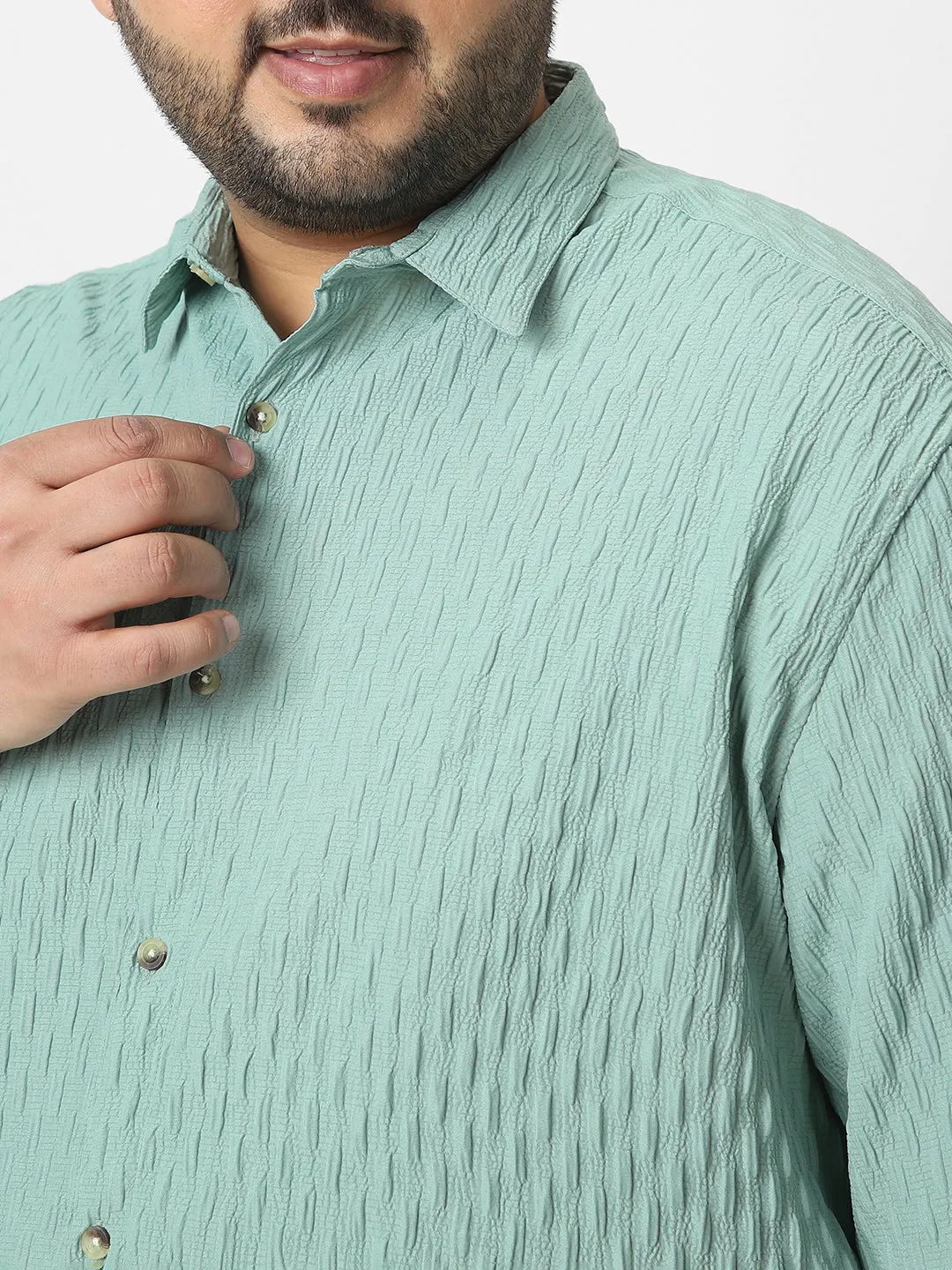 Plus Men's Sea Green Cotton Full Sleeve Regular Fit Textured Shirt with Spread Collar