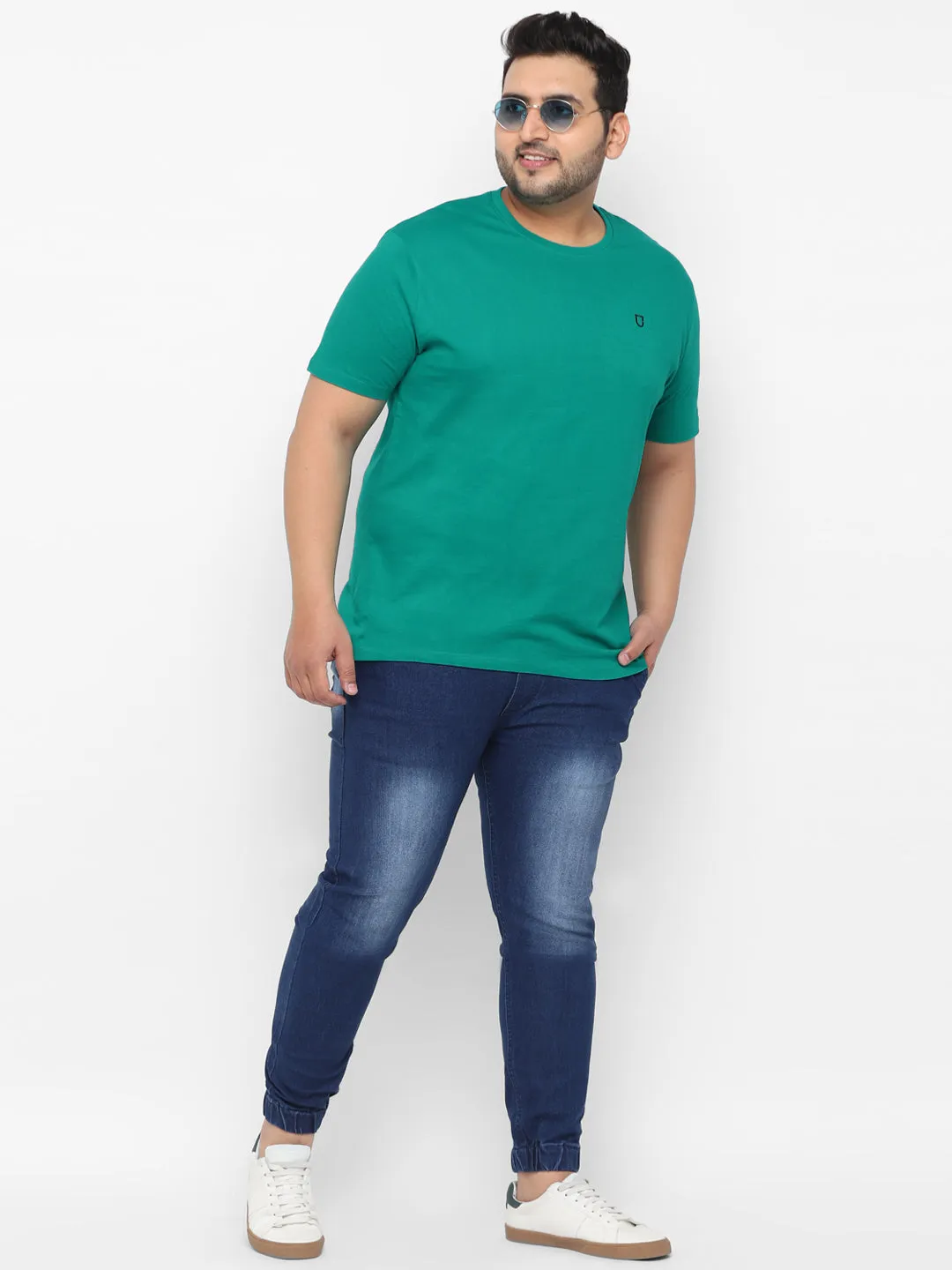 Plus Men's Teal Green Solid Regular Fit Round Neck Cotton T-Shirt