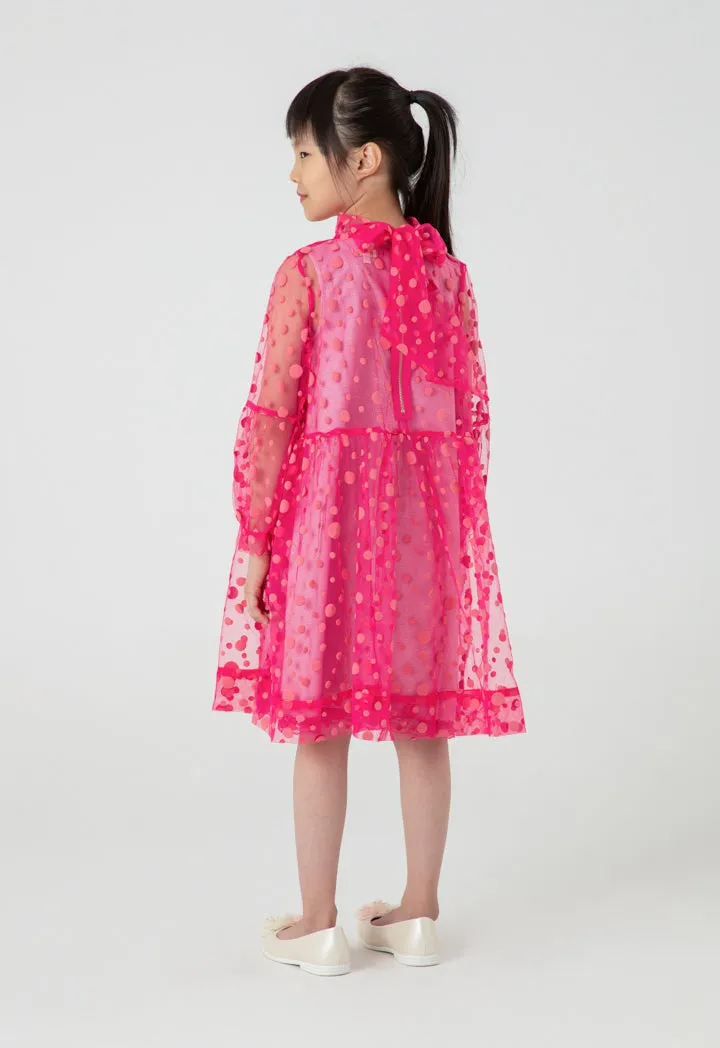 Polka Dot Flocked Mesh Lantern Sleeve Dress