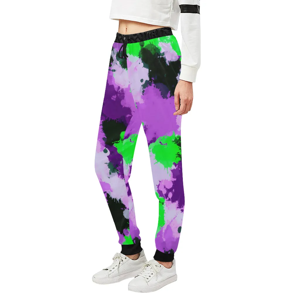 Purple and Green Paint Splatter Women's All Over Print Jogger Sweatpants