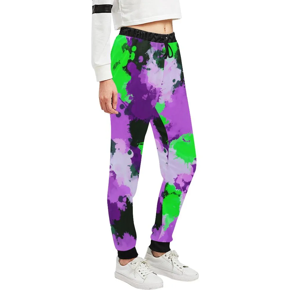 Purple and Green Paint Splatter Women's All Over Print Jogger Sweatpants