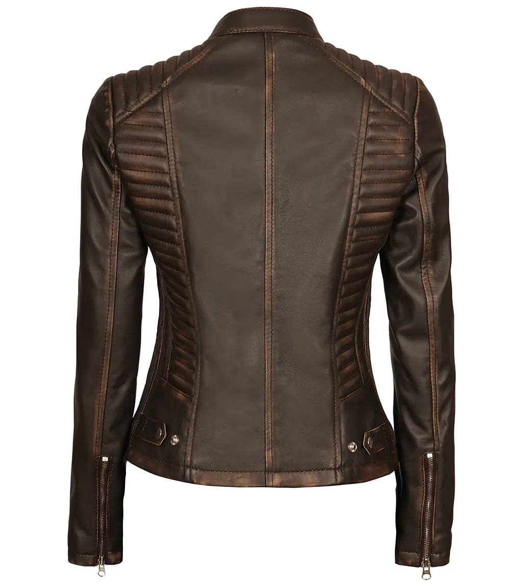 Rachel Women's Dark Brown Rub-off Slim Fit Cafe Racer Leather Jacket