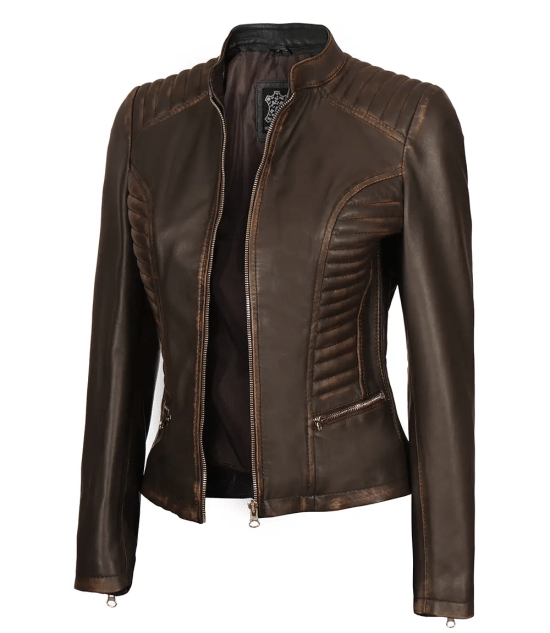 Rachel Women's Dark Brown Rub-off Slim Fit Cafe Racer Leather Jacket