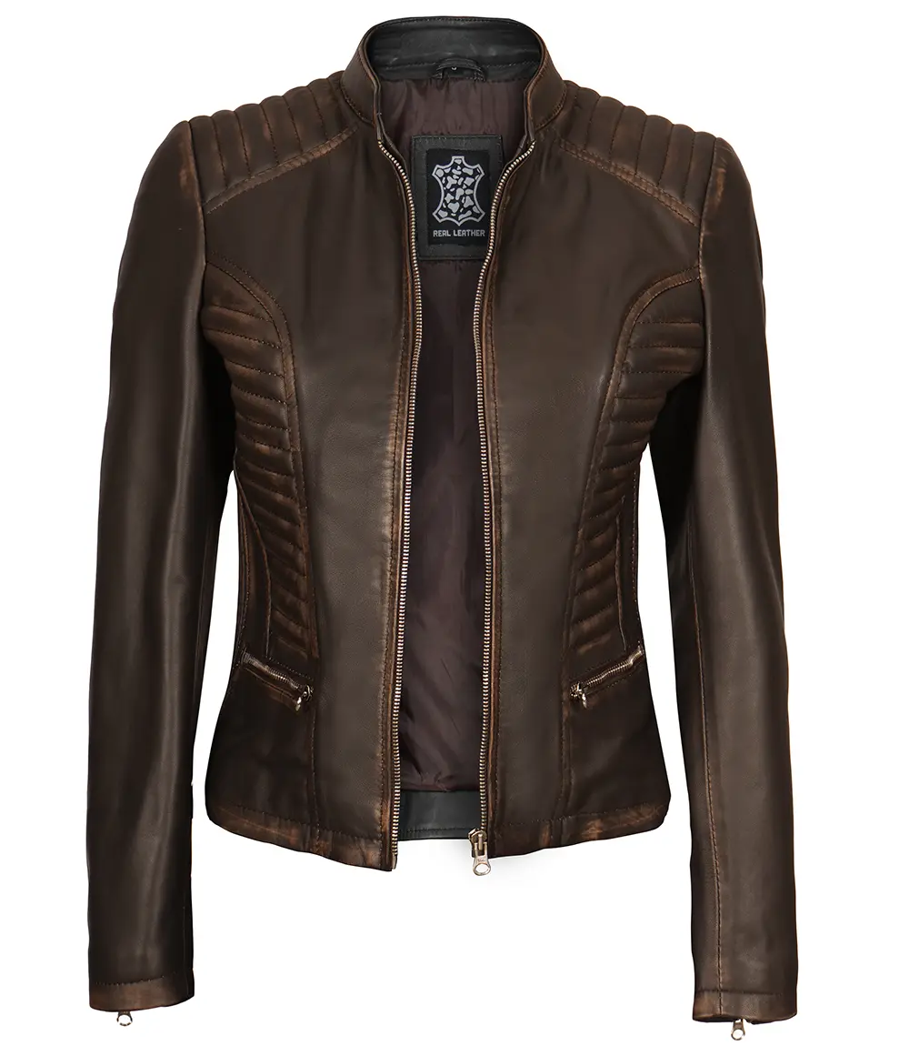 Rachel Women's Dark Brown Rub-off Slim Fit Cafe Racer Leather Jacket