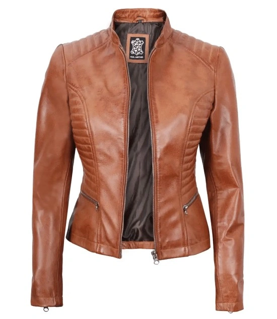 Rachel Women's Tan Slim Fit Cafe Racer Leather Jacket - Limited Stock