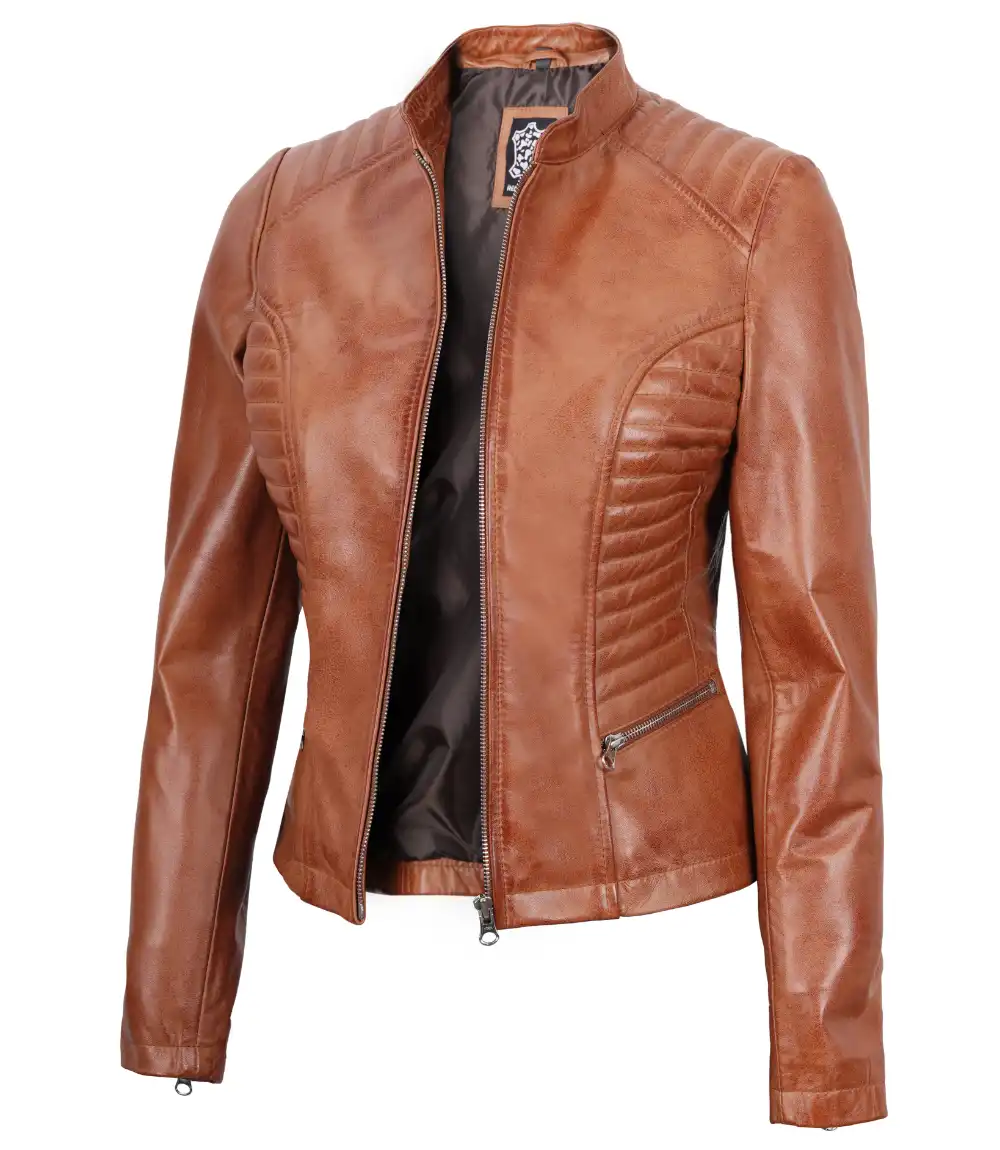 Rachel Women's Tan Slim Fit Cafe Racer Leather Jacket - Limited Stock