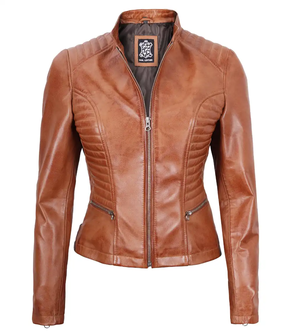 Rachel Women's Tan Slim Fit Cafe Racer Leather Jacket - Limited Stock