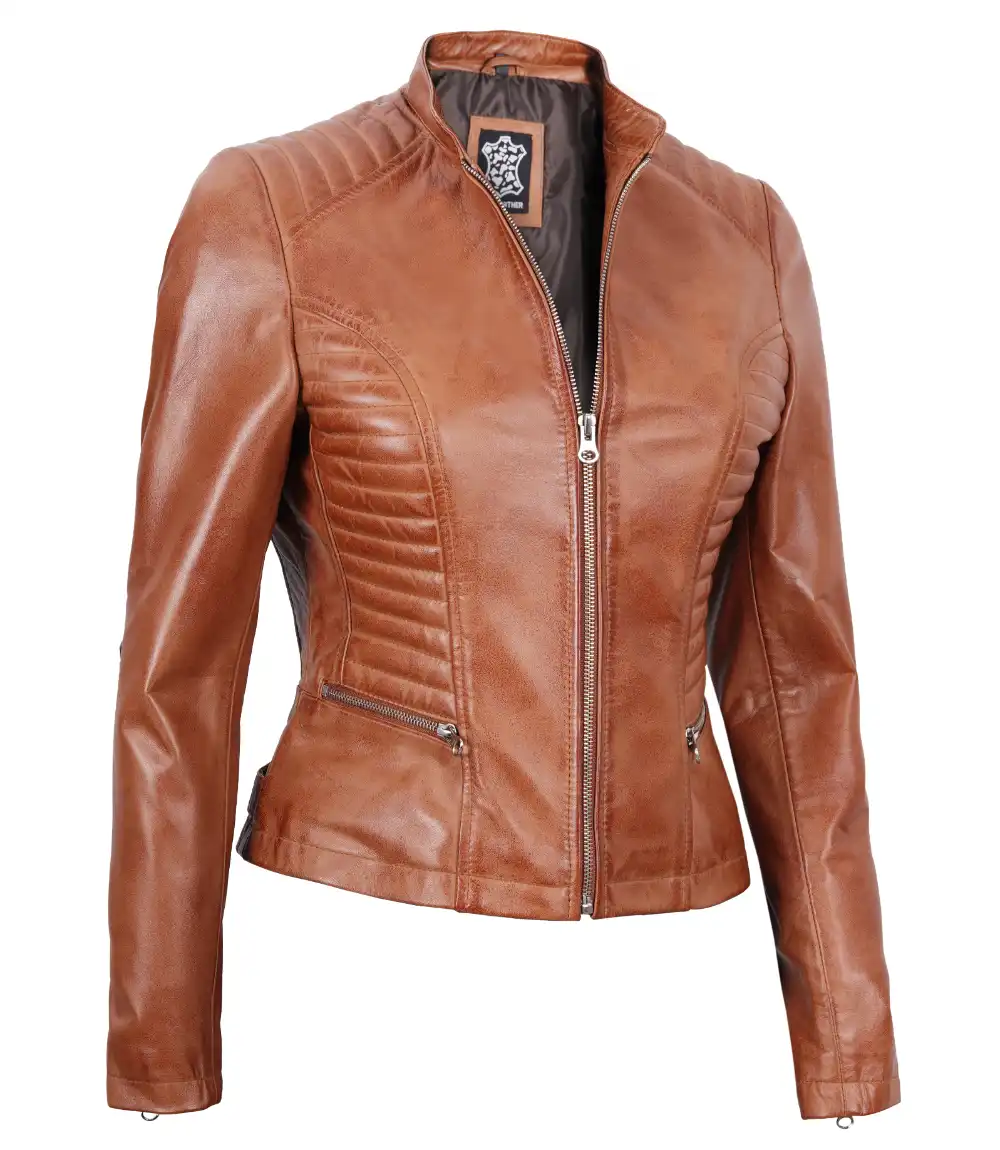 Rachel Women's Tan Slim Fit Cafe Racer Leather Jacket - Limited Stock