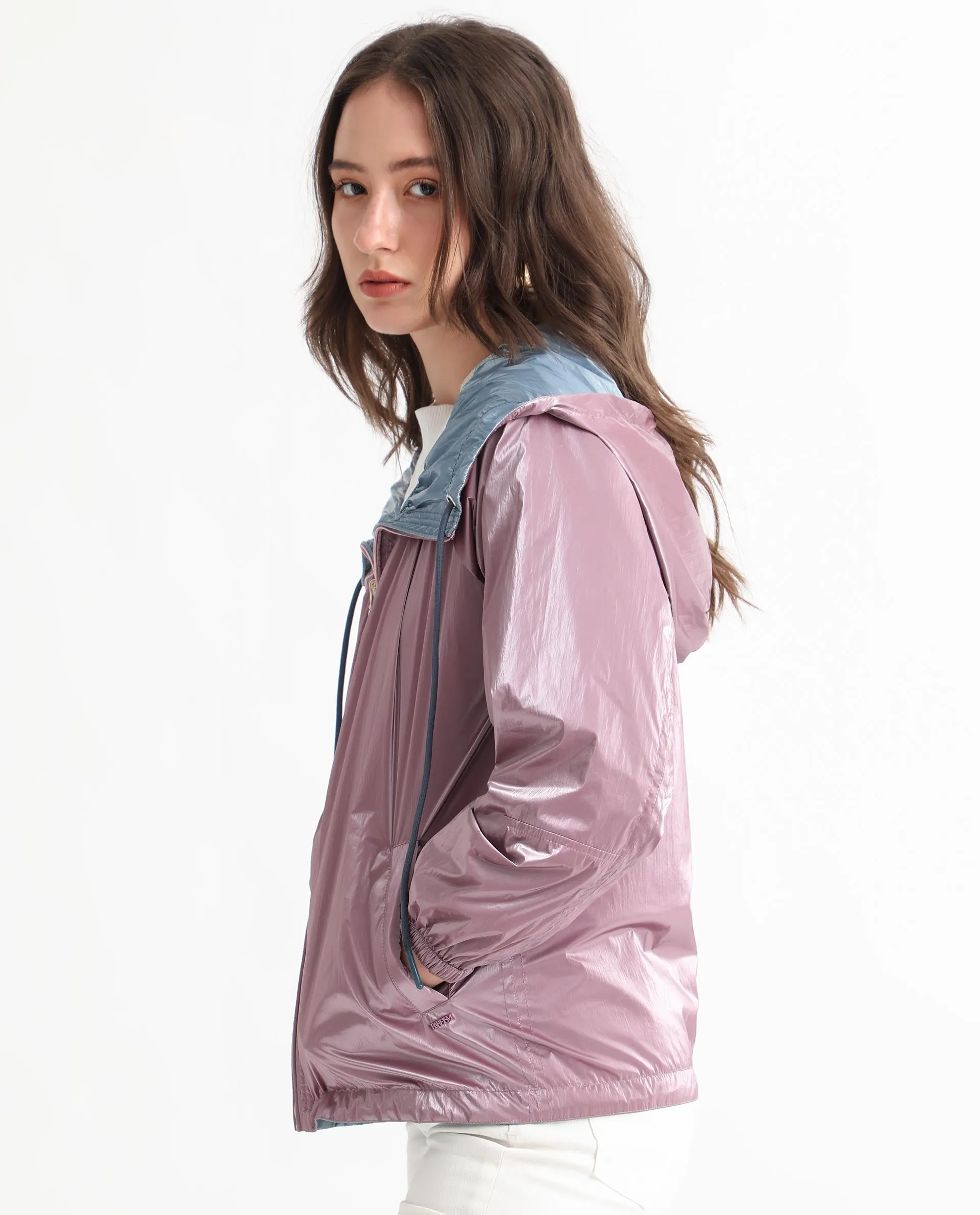 Rareism Women Erber Pink Polyester Fabric Full Sleeves Zip Closure Hooded Balloon Sleeve Regular Fit Plain Jacket