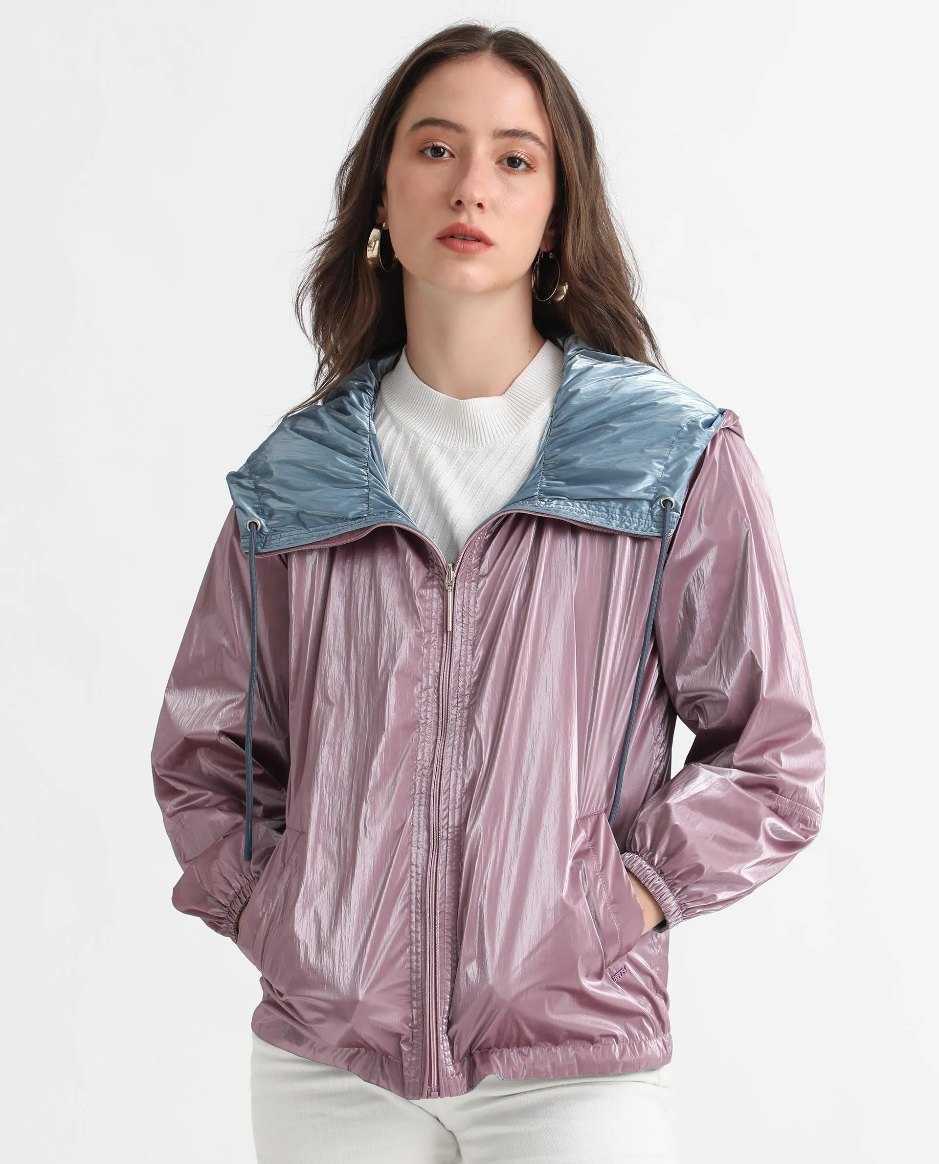 Rareism Women Erber Pink Polyester Fabric Full Sleeves Zip Closure Hooded Balloon Sleeve Regular Fit Plain Jacket