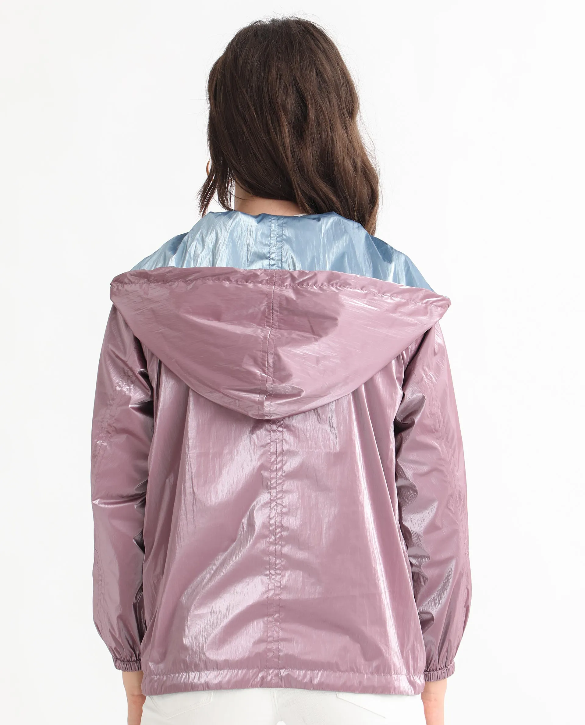 Rareism Women Erber Pink Polyester Fabric Full Sleeves Zip Closure Hooded Balloon Sleeve Regular Fit Plain Jacket