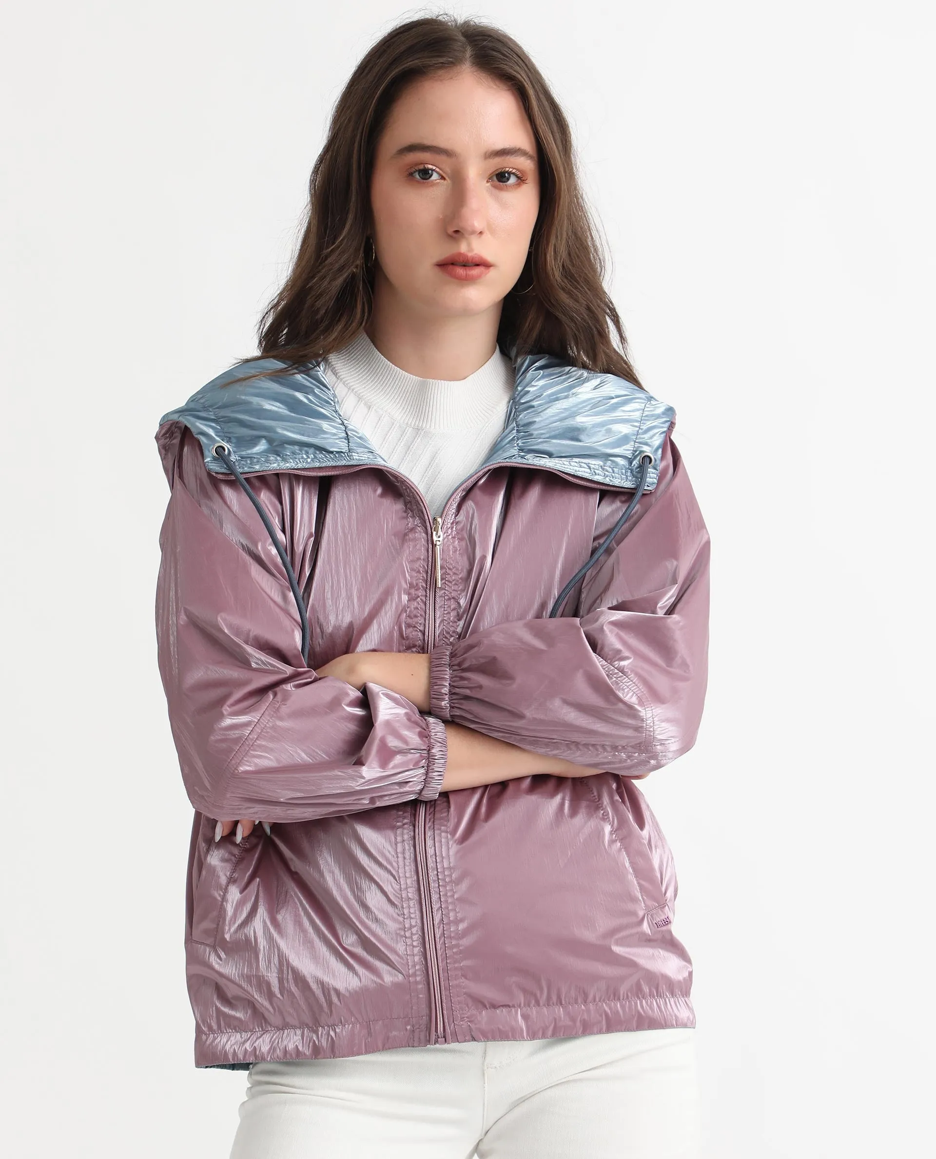 Rareism Women Erber Pink Polyester Fabric Full Sleeves Zip Closure Hooded Balloon Sleeve Regular Fit Plain Jacket