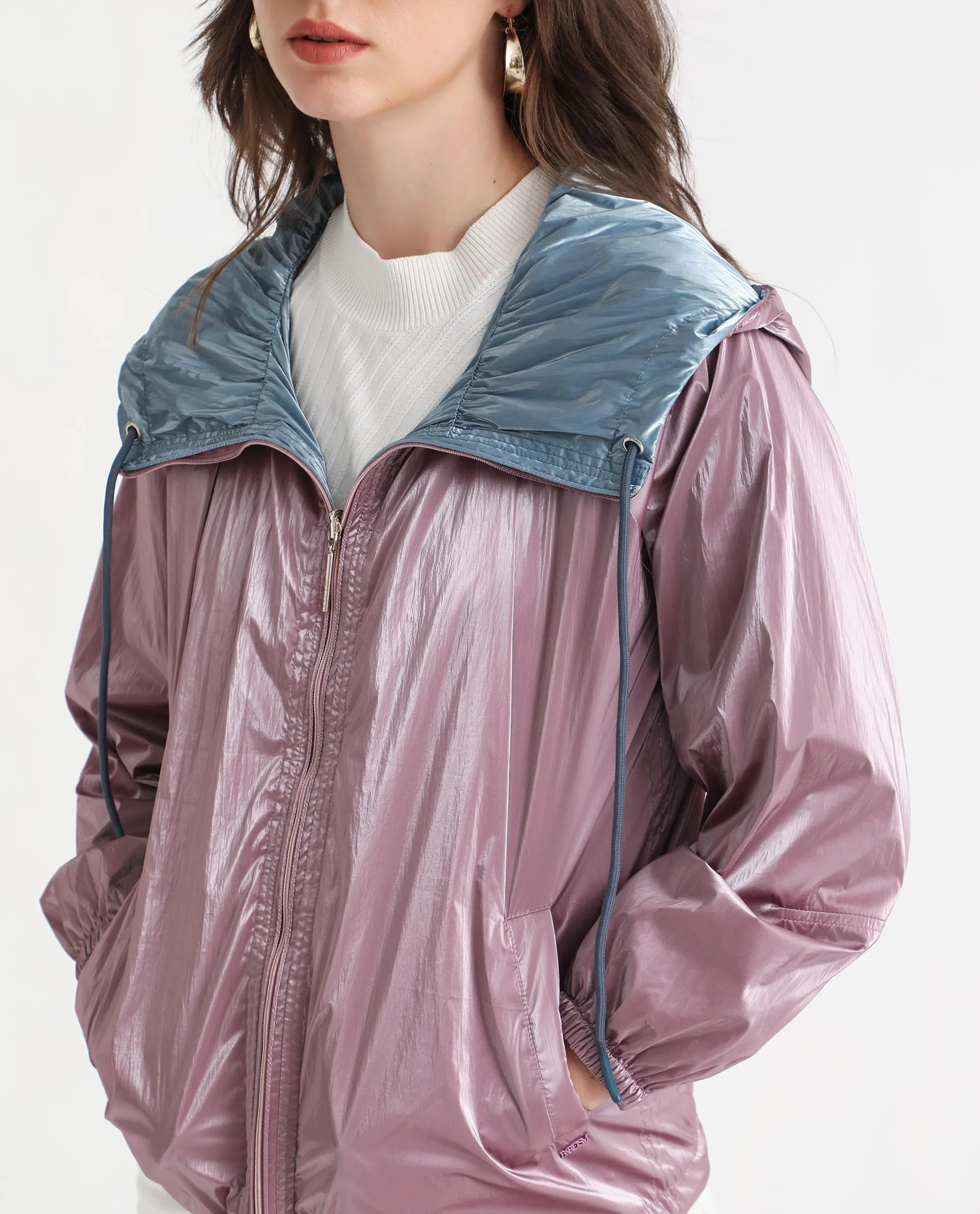 Rareism Women Erber Pink Polyester Fabric Full Sleeves Zip Closure Hooded Balloon Sleeve Regular Fit Plain Jacket