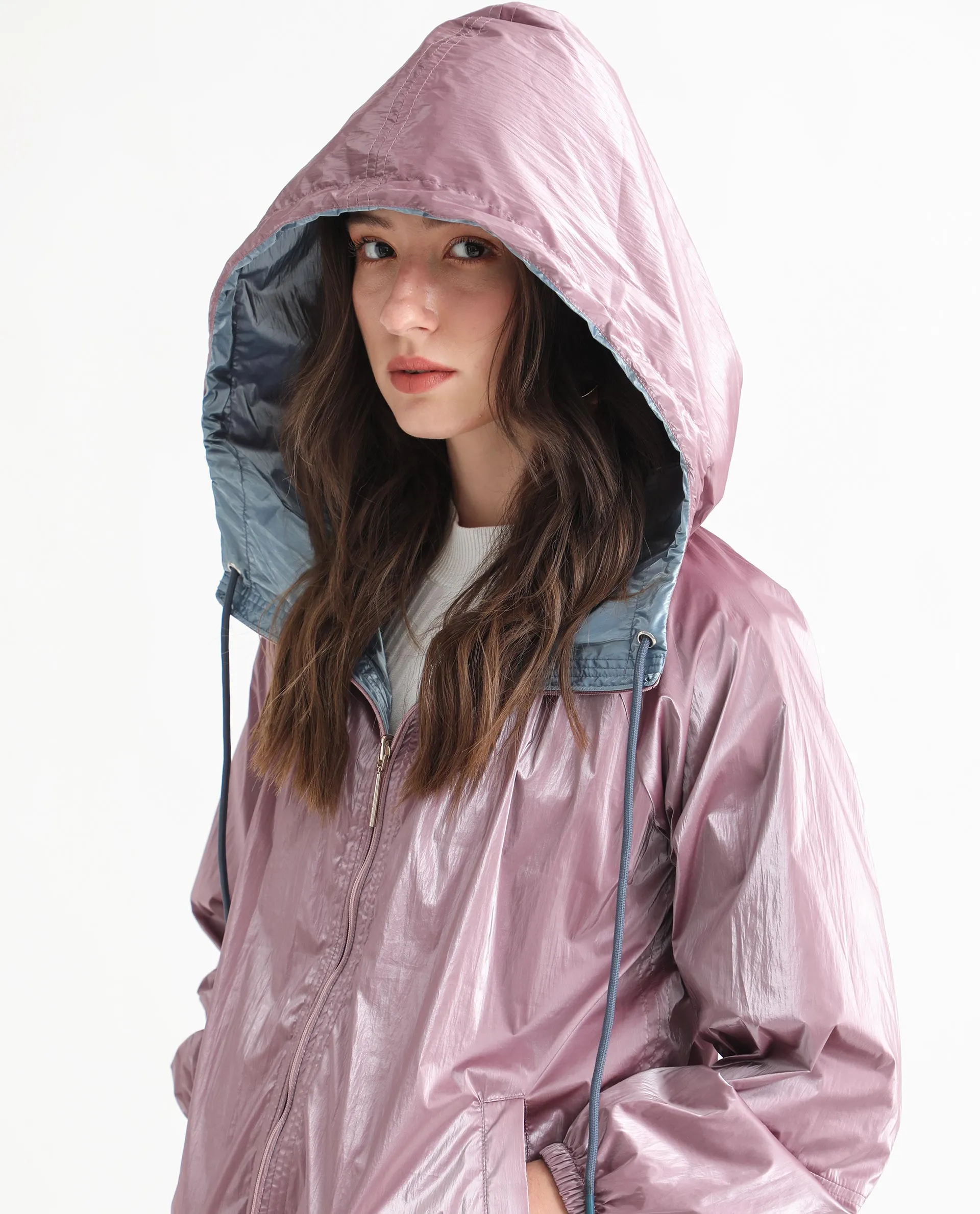 Rareism Women Erber Pink Polyester Fabric Full Sleeves Zip Closure Hooded Balloon Sleeve Regular Fit Plain Jacket