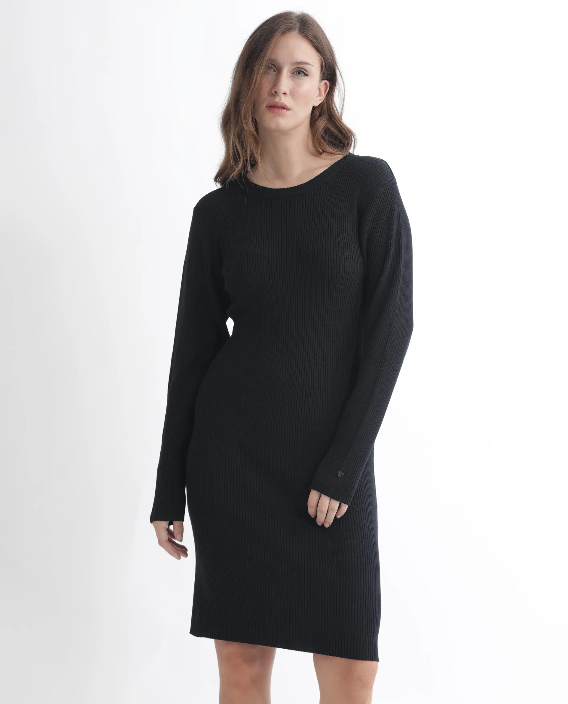 Rareism Women Franccois Black Viscose Fabric Full Sleeves Boat Neck Regular Fit Plain Knee Length Sweater