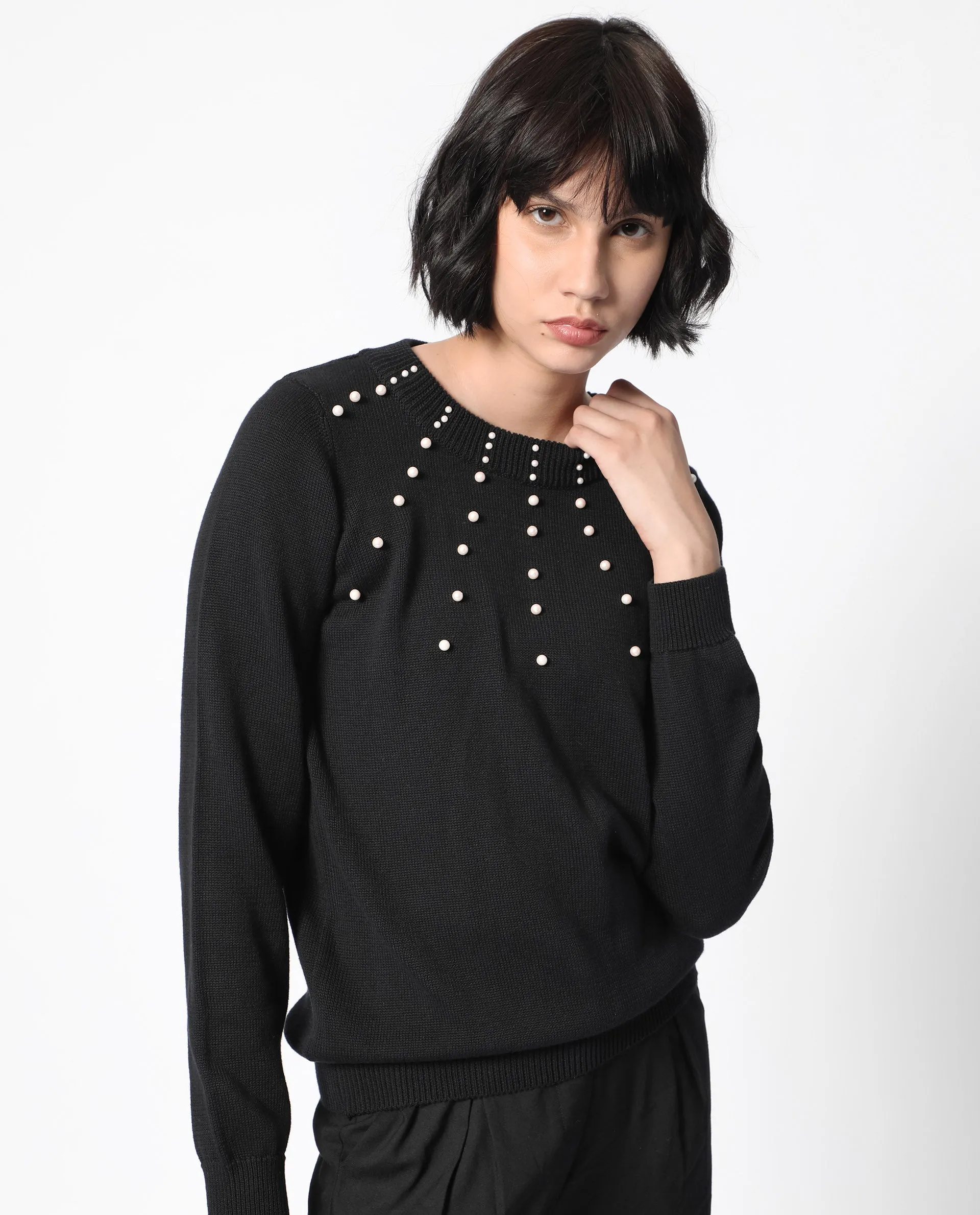 Rareism Women Junich Black Viscose Fabric Full Sleeves Round Neck Regular Fit Embellished Sweater