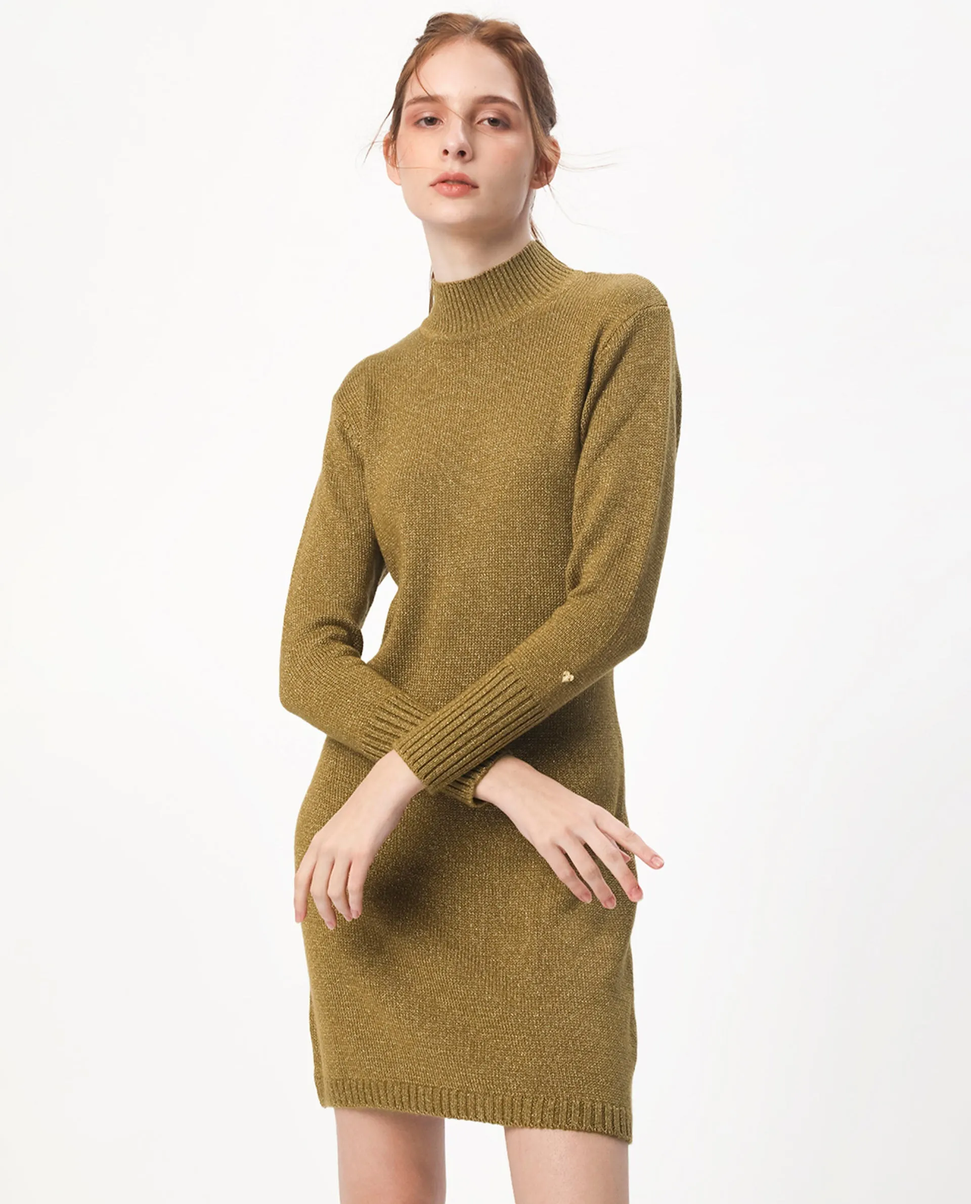 Rareism Women Nach Gold Acrylic Fabric Full Sleeves High Neck Regular Fit Plain Knee Length Sweater