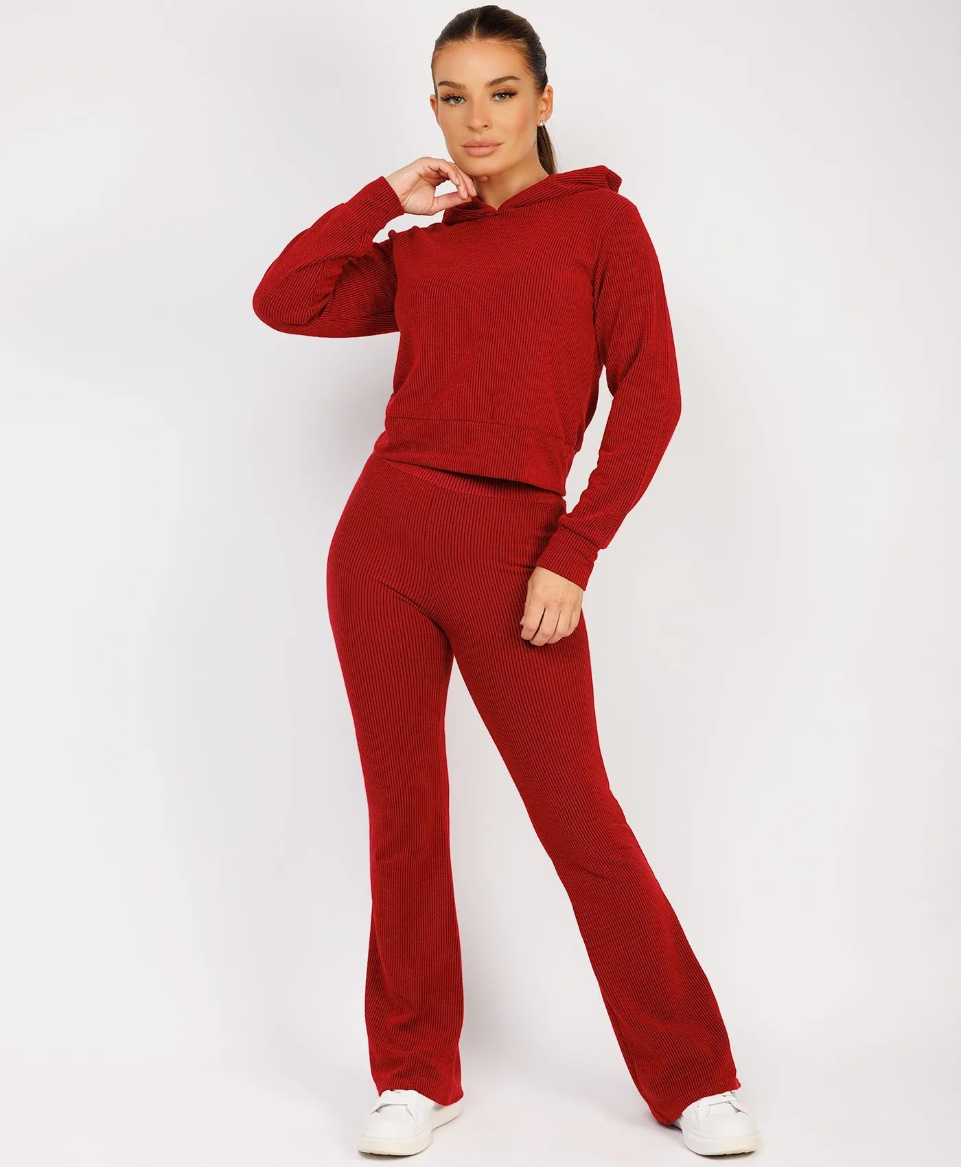 Red Ribbed Hoody & Skinny Flare Trousers Loungewear Set