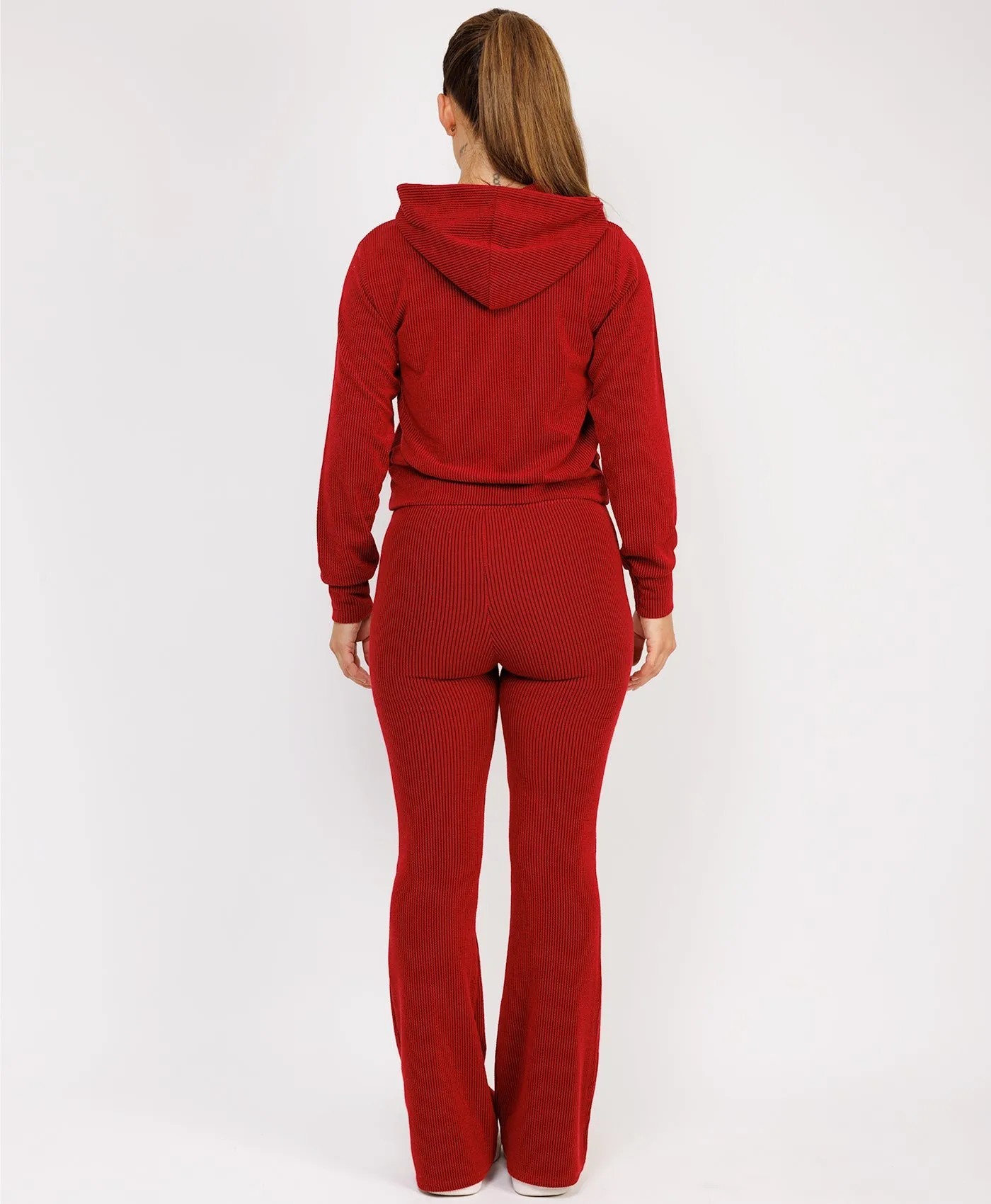 Red Ribbed Hoody & Skinny Flare Trousers Loungewear Set