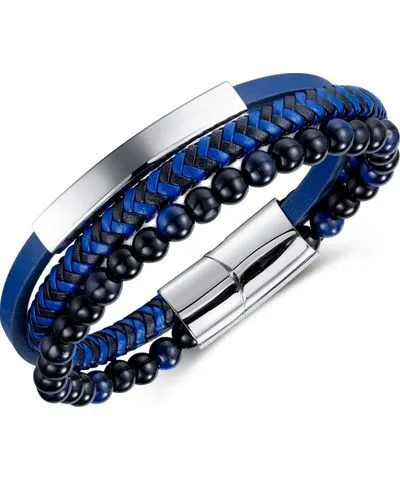 Rhona Sutton Blue Beaded Plated Leather Stainless Steel Bracelet