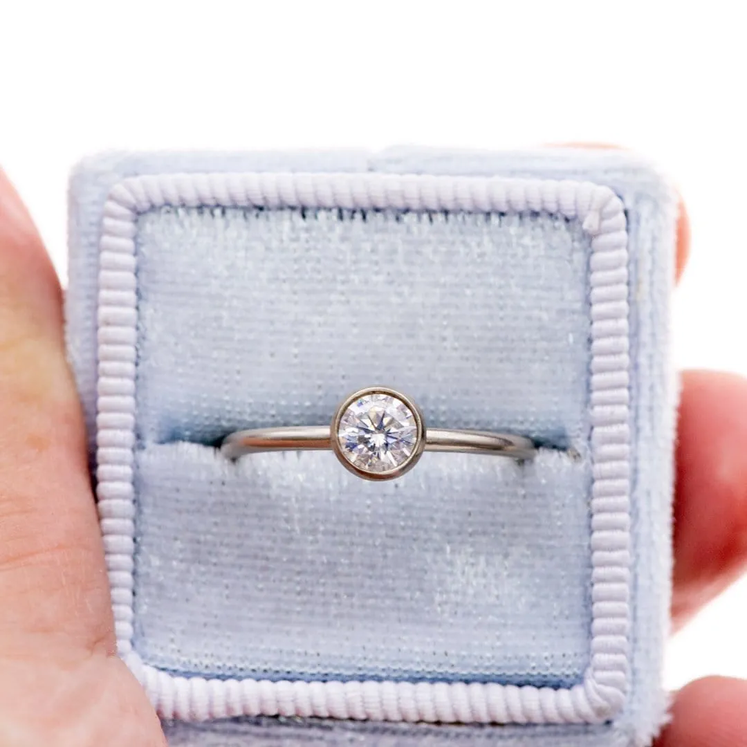 Round Moissanite or Lab Diamond Martini Bezel Skinny Stacking Solitaire Ring