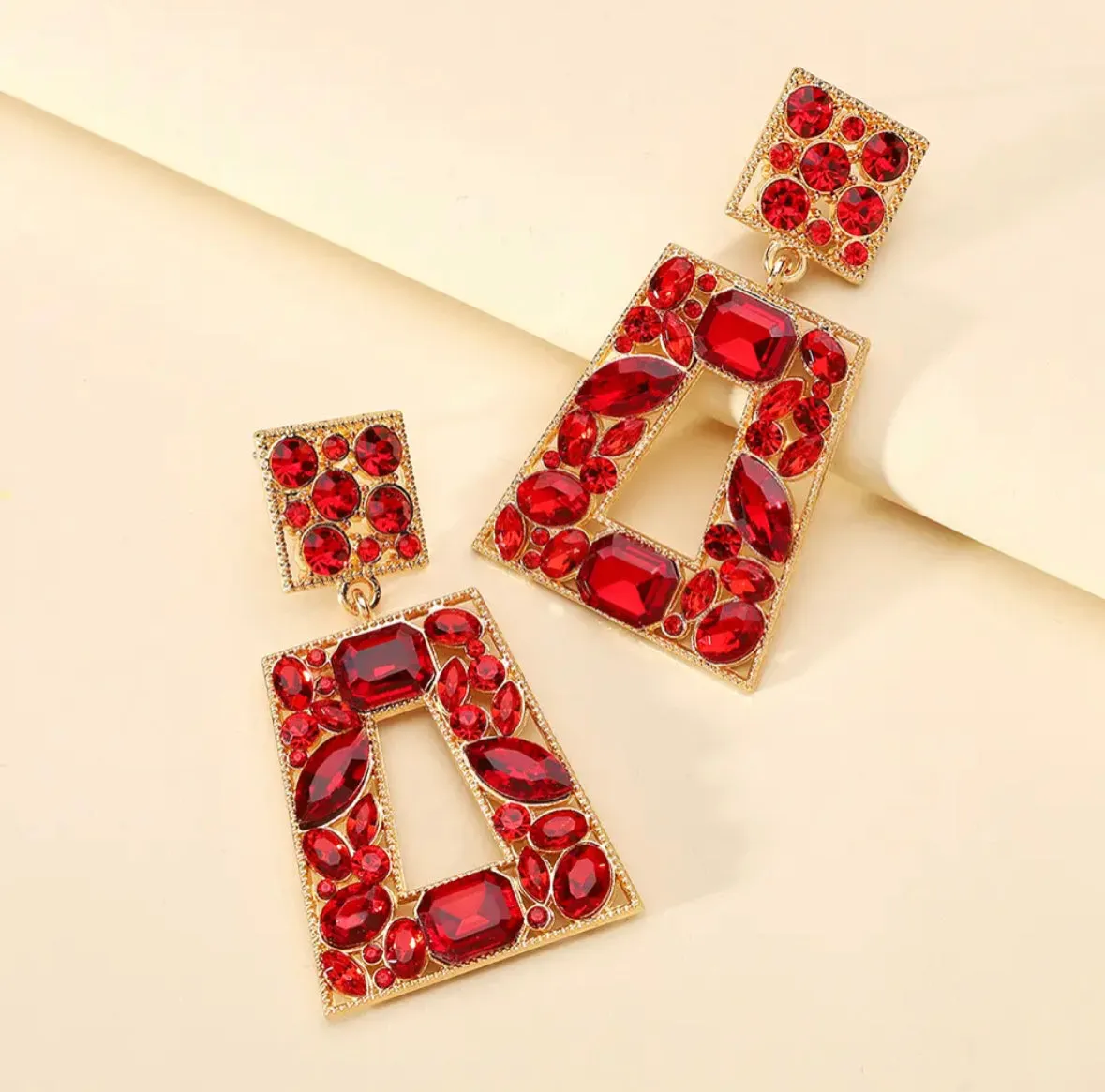 Ruby Jeweled Long Square Earrings