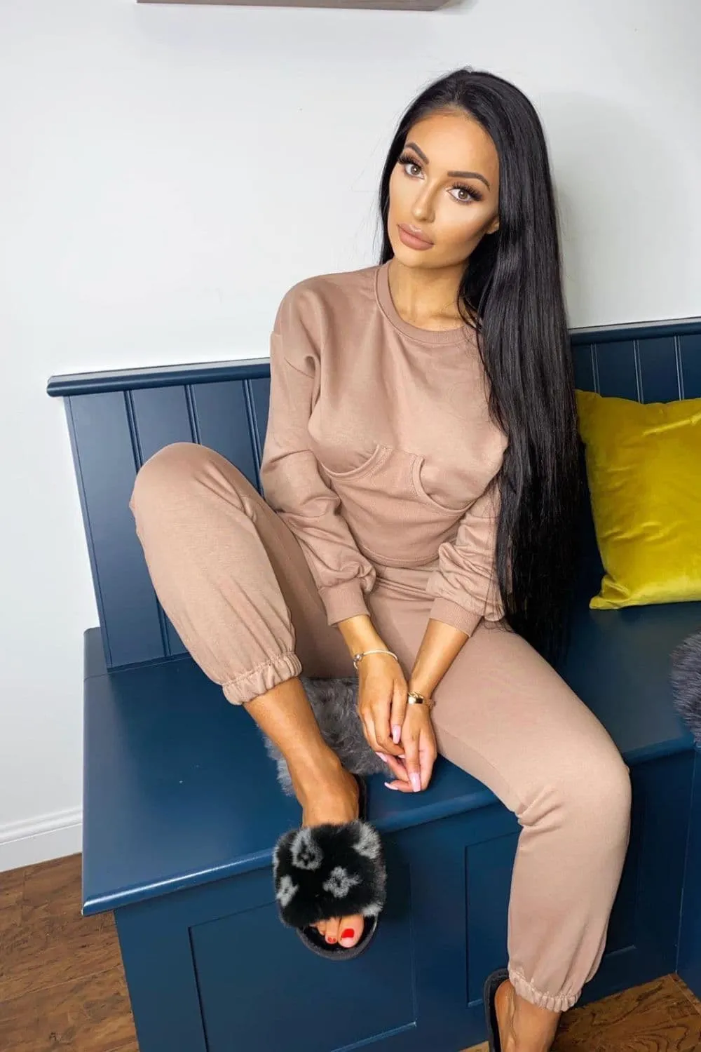 Sasha Taupe Under Bra Waisted Sweatshirt Tracksuit Set