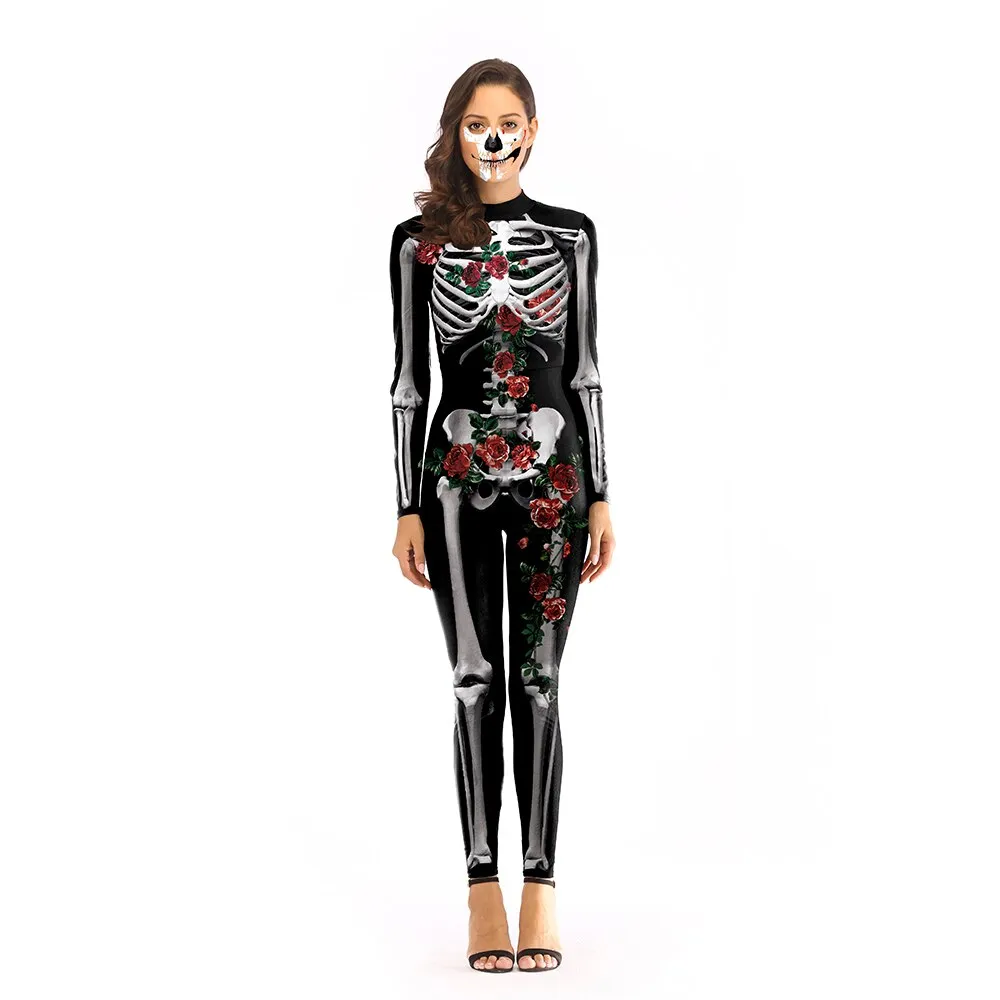 Scary Purim Carnival Costumes For Women Rose Skeleton Cosplay Costume Bodysuits 3d Print Slim Elastic Catsuits