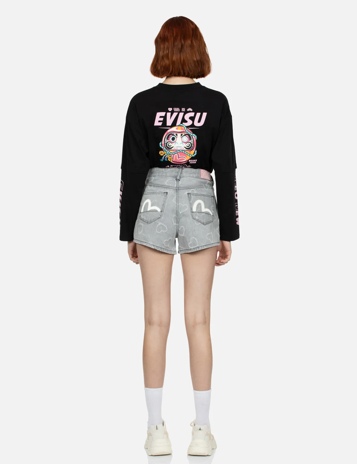 Seagull Embroidery and Allover Heart Fashion fit Denim Shorts