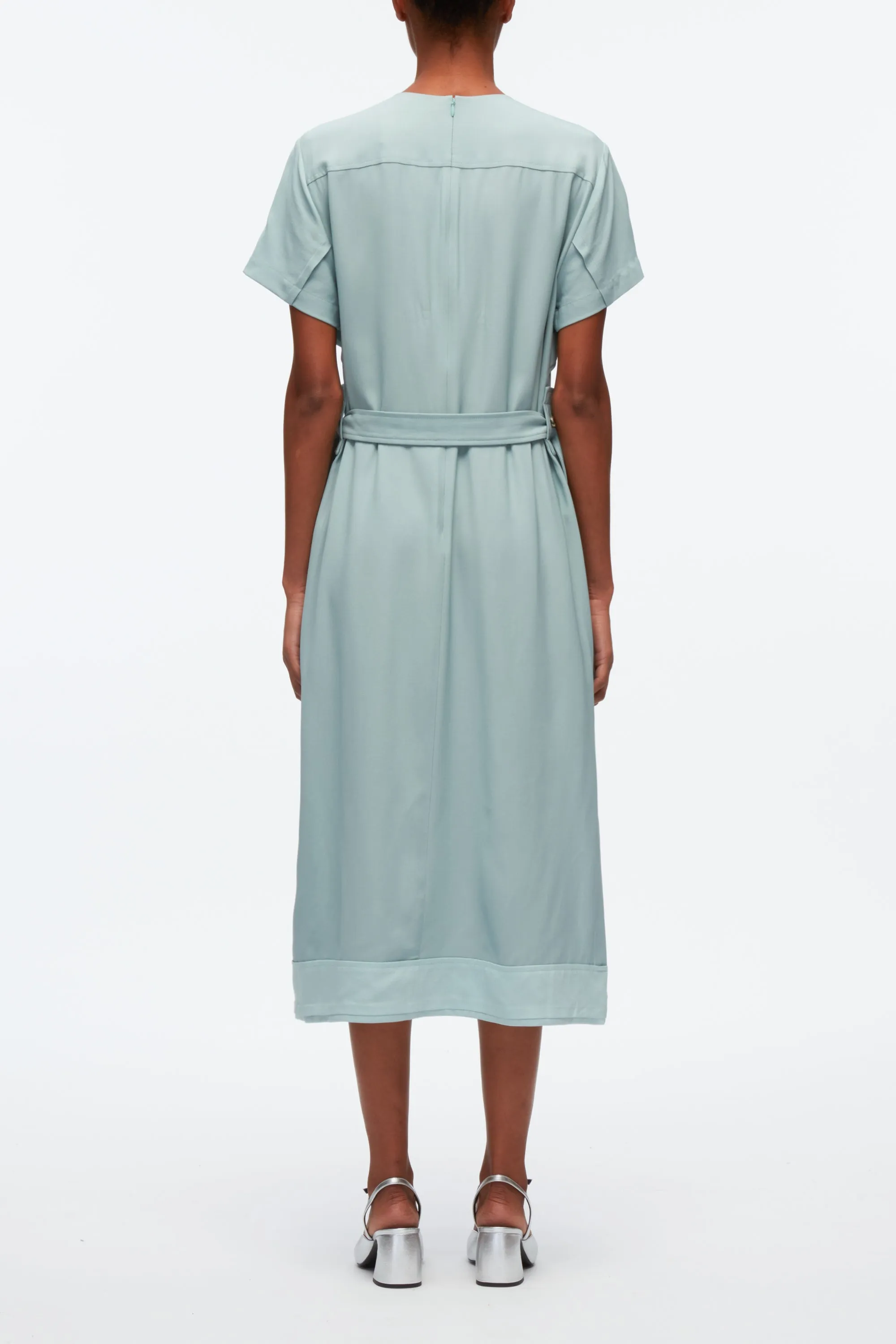 Short Sleeve Belted Dress With Cascade Drape